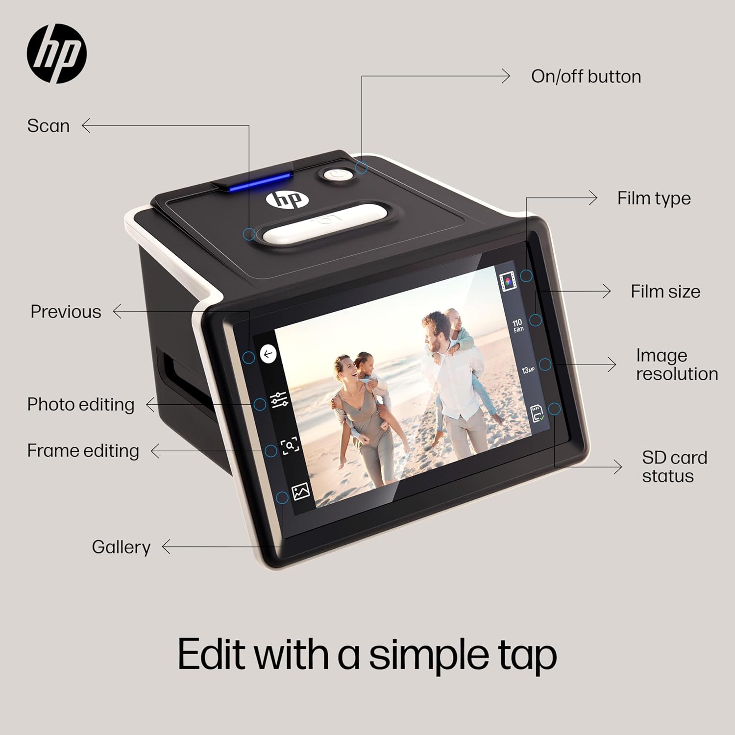 HP FilmScan Film & Slide Scanner with 5" Touch Screen, Film Scanner Convert Negatives to Digital 22MP JPEG