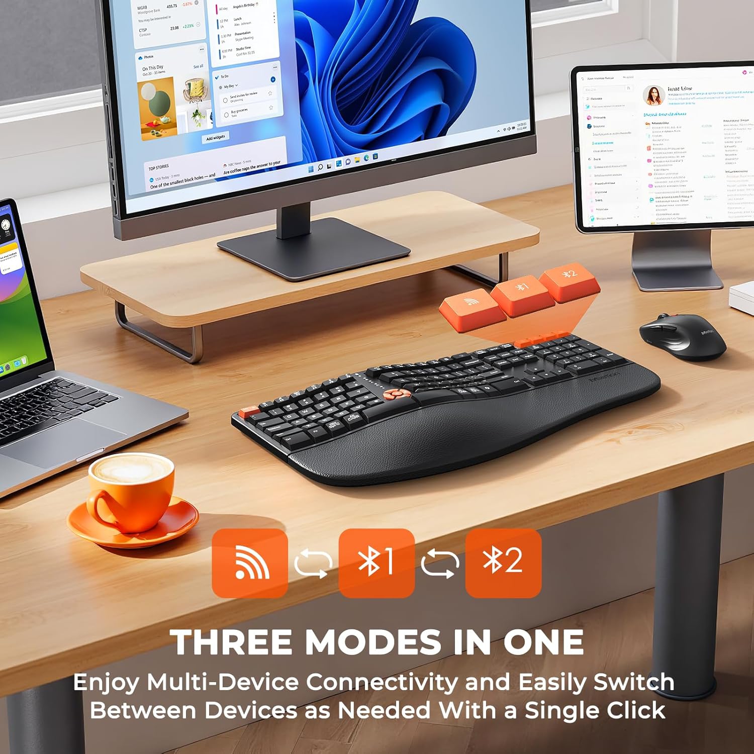 MEETION Director-C3 Ergonomic Wireless Keyboard and Mouse Combo — Split Curved Design, Multi-Device Bluetooth & 2.4G, Dry Battery, for Windows/Mac