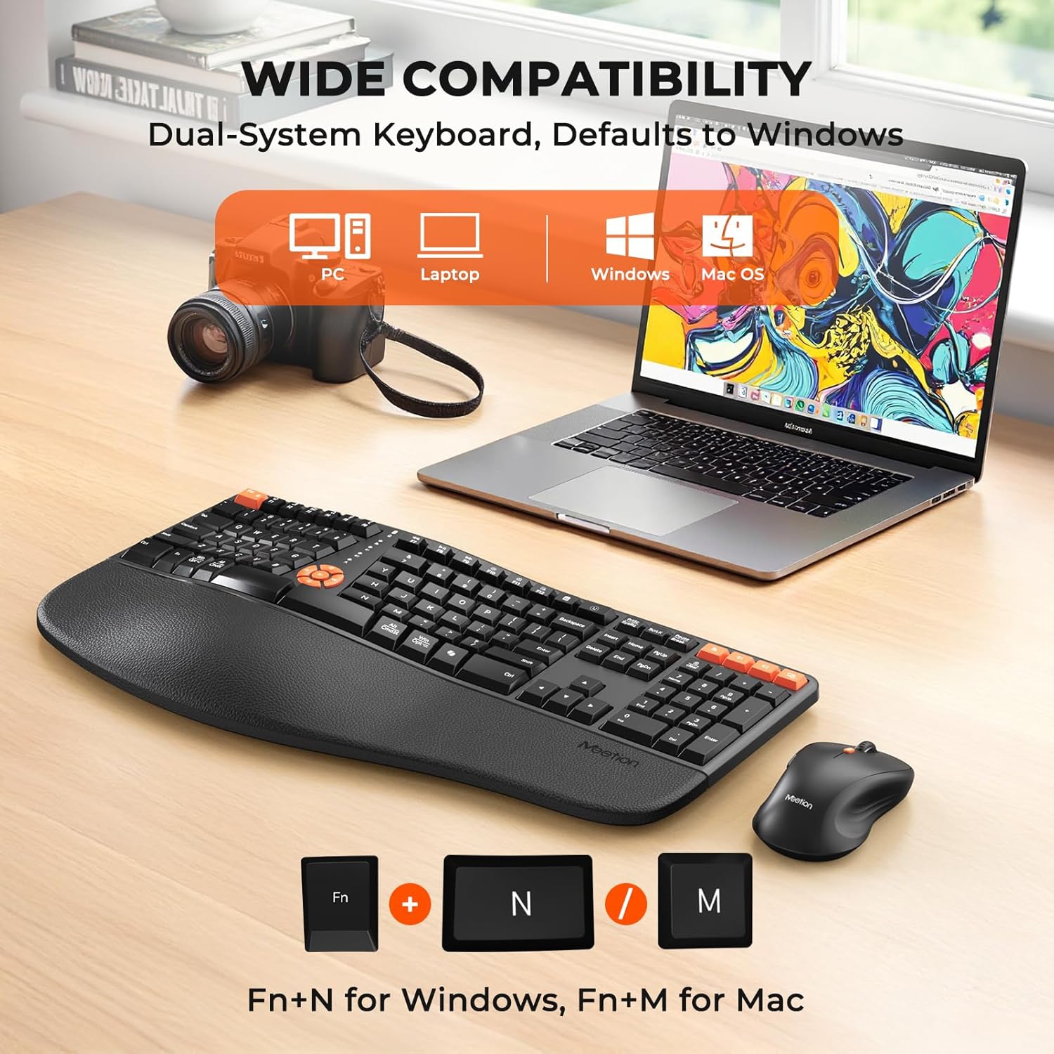 MEETION Director-C3 Ergonomic Wireless Keyboard and Mouse Combo — Split Curved Design, Multi-Device Bluetooth & 2.4G, Dry Battery, for Windows/Mac