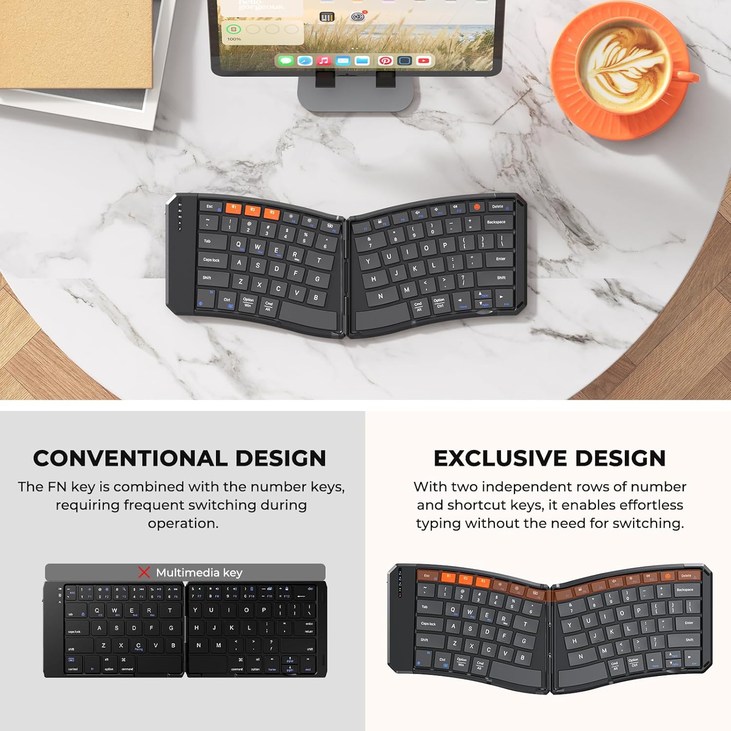 MEETION K9880 Foldable Bluetooth Keyboard — Ultra-Thin, Portable for iOS/Android/Windows/Mac, Rechargeable