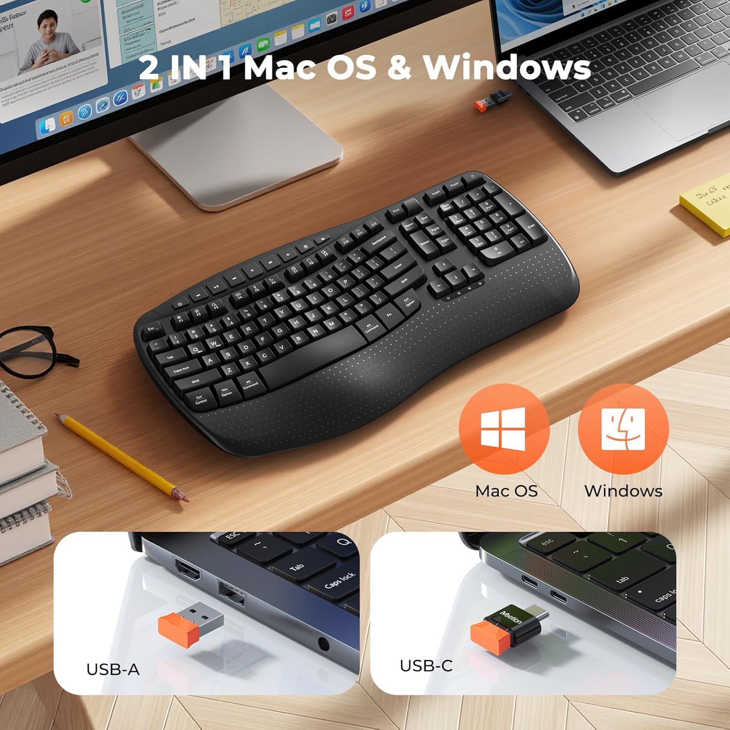 MEETION Director-D2 Ergonomic Wireless Keyboard — Wave Keys, Built‑in Wrist Rest, 2.4GHz, for Windows/Mac