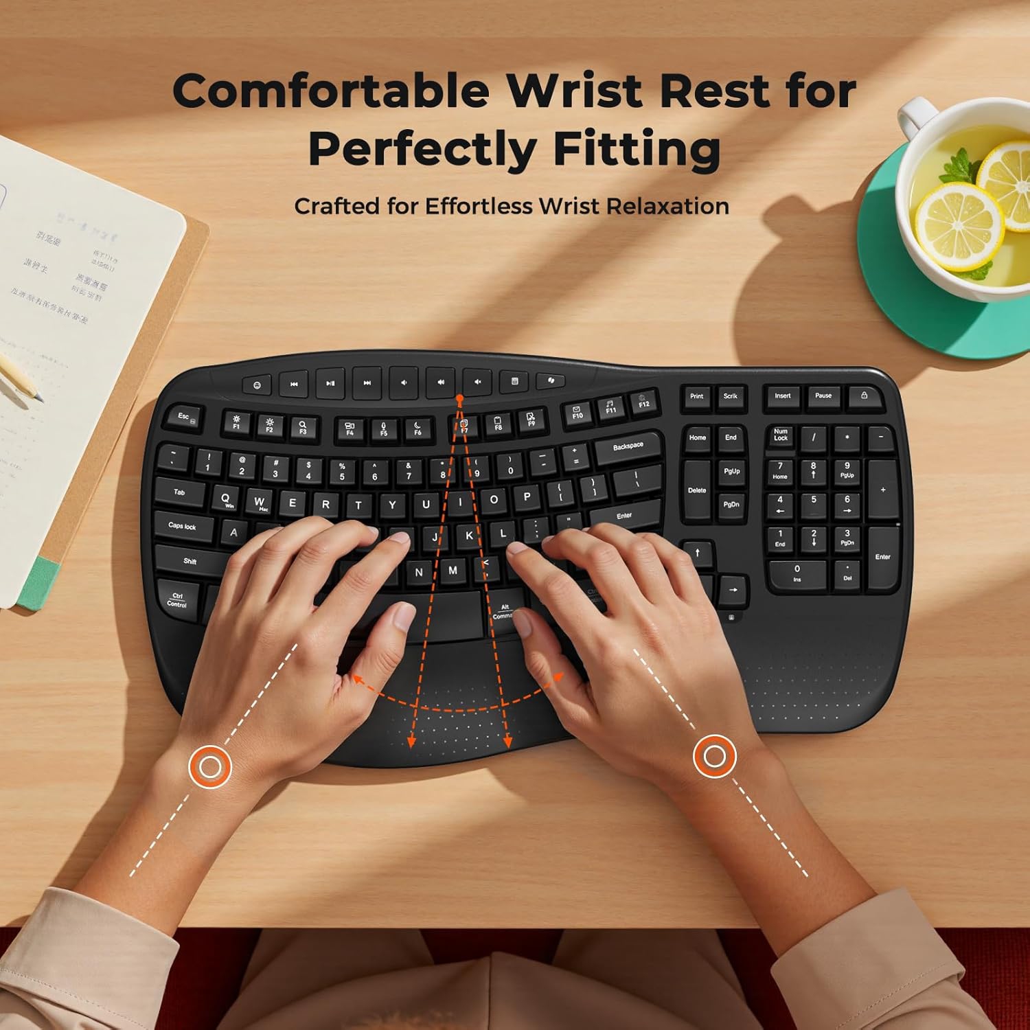 MEETION Director-D2 Ergonomic Wireless Keyboard — Wave Keys, Built‑in Wrist Rest, 2.4GHz, for Windows/Mac