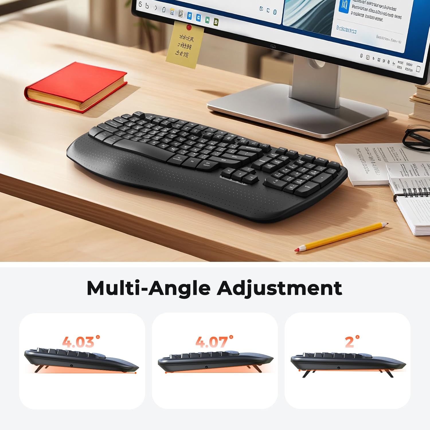 MEETION Director-D2 Ergonomic Wireless Keyboard — Wave Keys, Built‑in Wrist Rest, 2.4GHz, for Windows/Mac