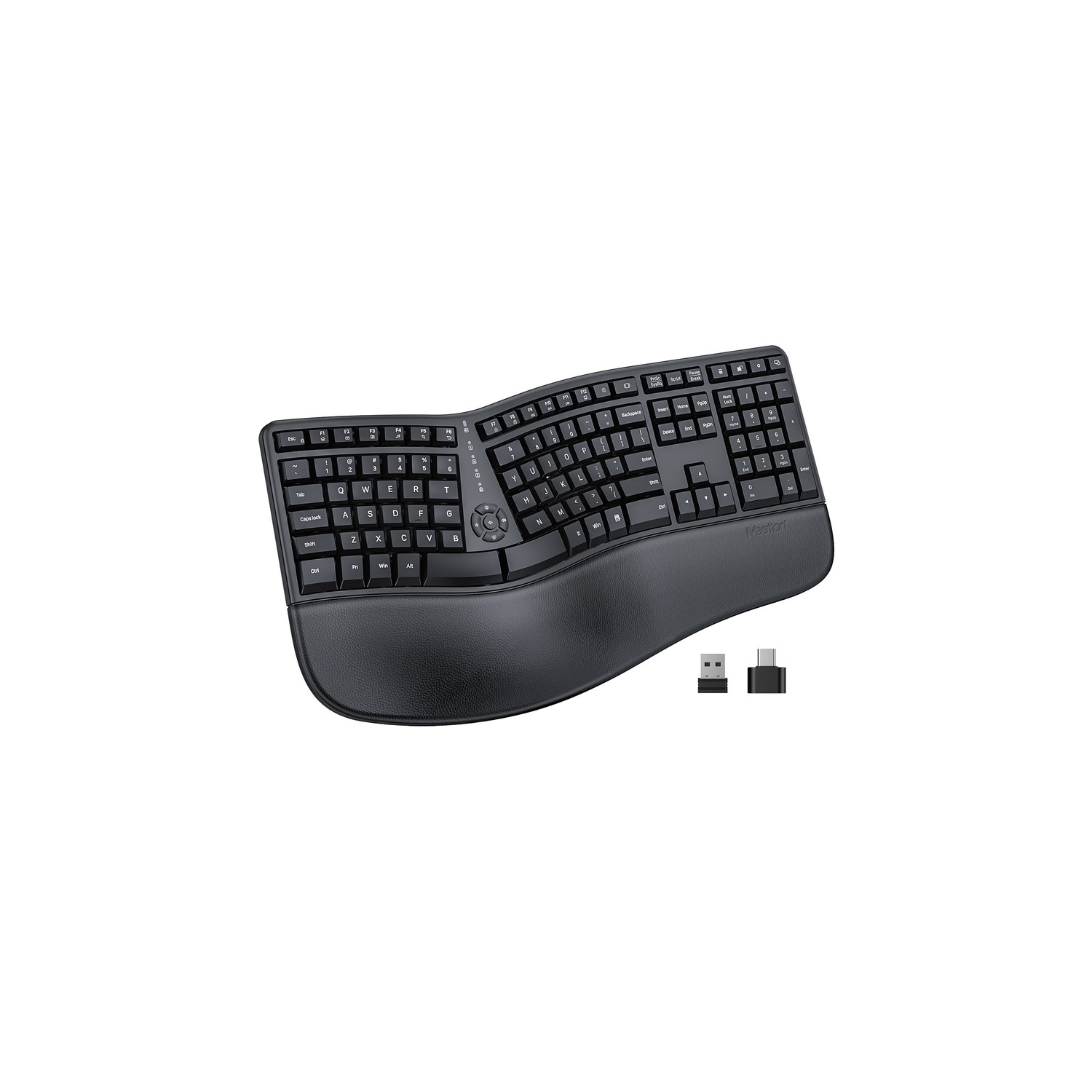 Clavier sans fil ergonomique divisé Director-C de MEETION - Repose-poignets en polyuréthane rembourré, rechargeable, récepteur 2,4 GHz/USB-A pour