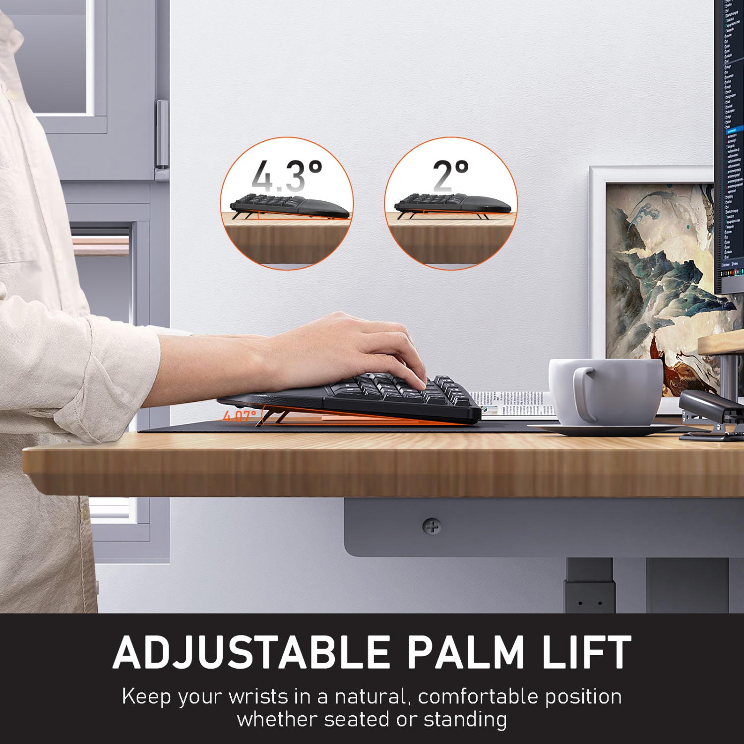 Clavier sans fil ergonomique divisé Director-C de MEETION - Repose-poignets en polyuréthane rembourré, rechargeable, récepteur 2,4 GHz/USB-A pour