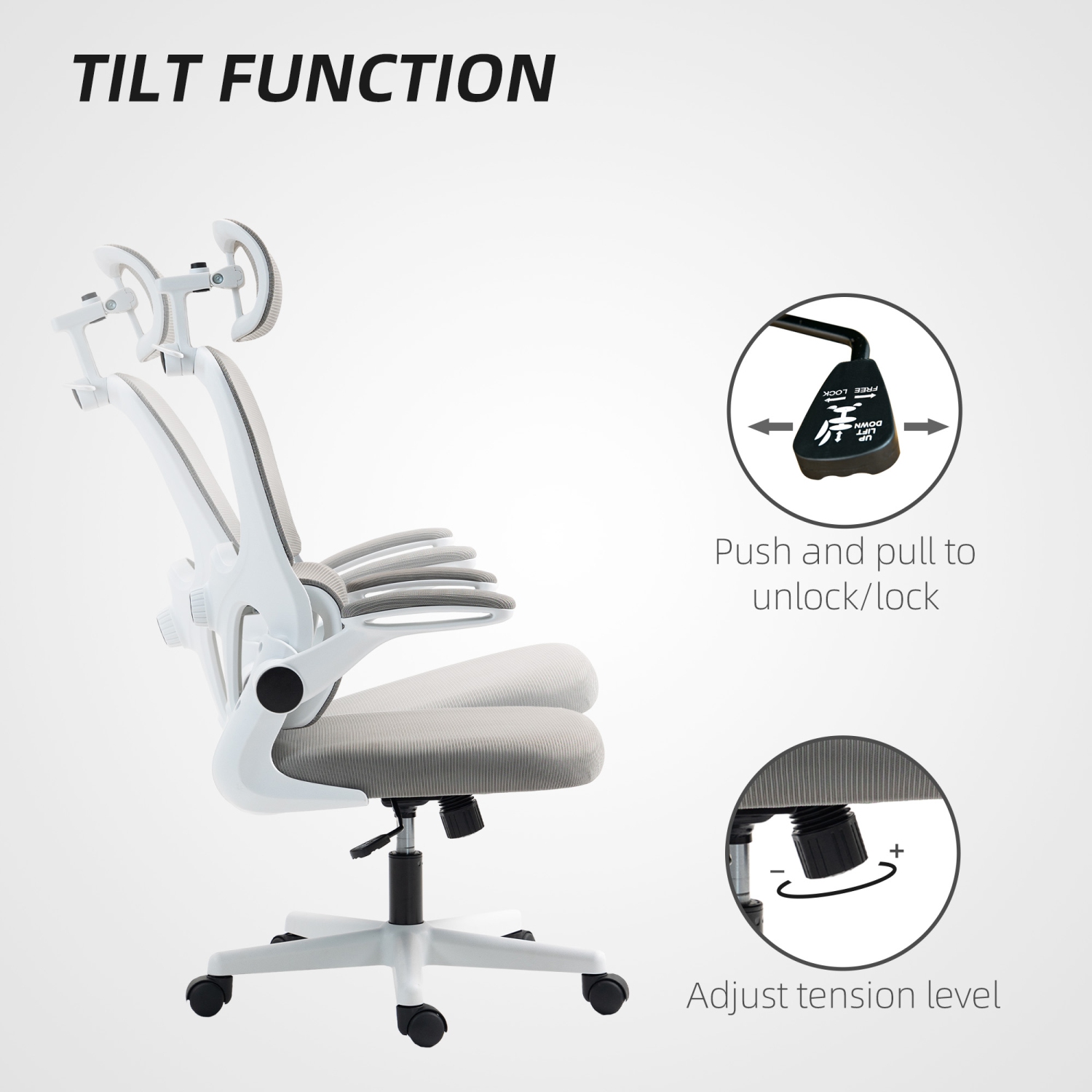 Chaise de bureau ergonomique de HOMCOM avec accoudoirs rabattables, fauteuil de bureau en filet avec porte-manteau, appuie-tête rotatif, soutien