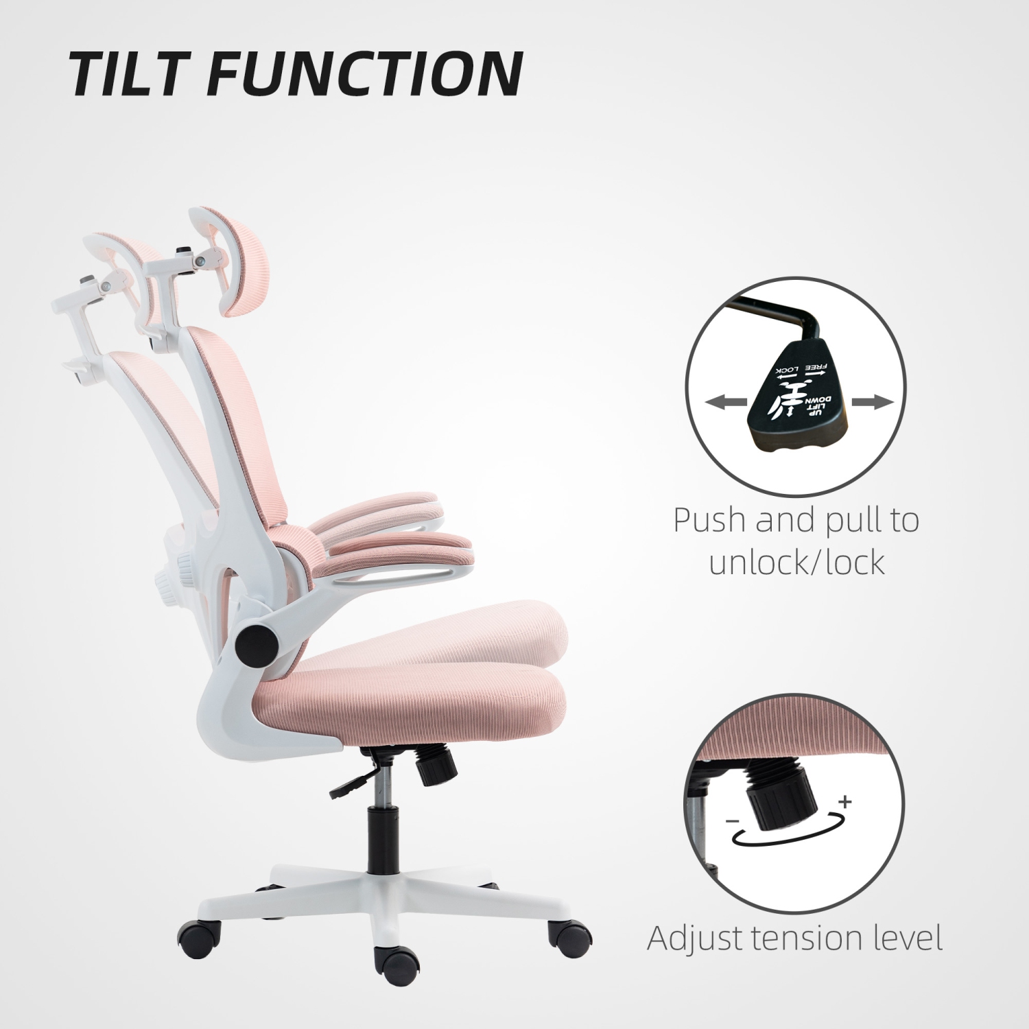 Chaise de bureau ergonomique de HOMCOM avec accoudoirs rabattables, fauteuil de bureau en filet avec porte-manteau, appuie-tête rotatif, soutien