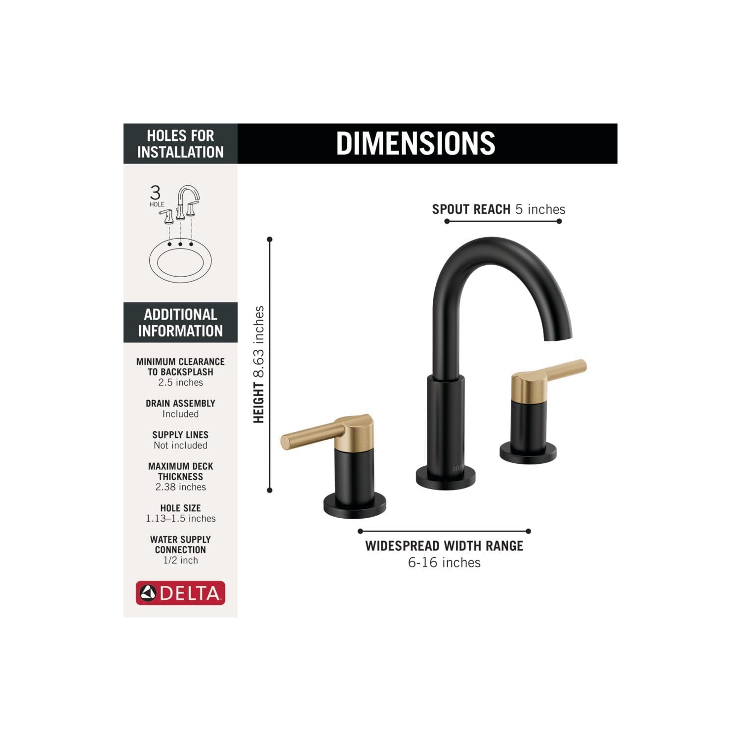 Robinet de salle de bain à large portée Delta Faucet Nicoli, 3 trous, robinet de salle de bain noir/or, robinet d'évier de salle de bain