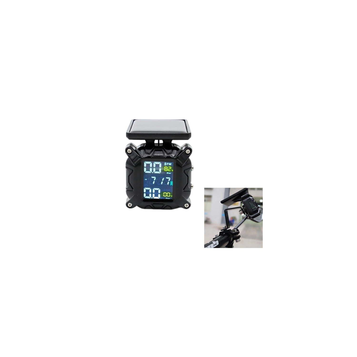 Motorcycle Tire Pressure Monitor, External Sensor, Solar Powered/Three-Color Square Screen/Flash Alarm - Metal Anti-Tamper Bracket