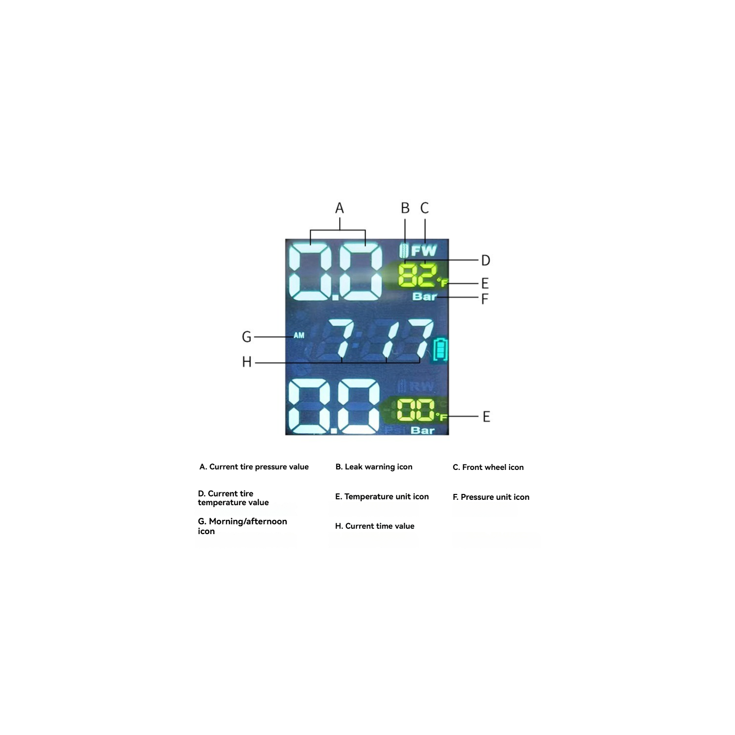 Motorcycle Tire Pressure Monitor, External Sensor, Solar Powered/Three-Color Square Screen/Flash Alarm - Metal Anti-Tamper Bracket