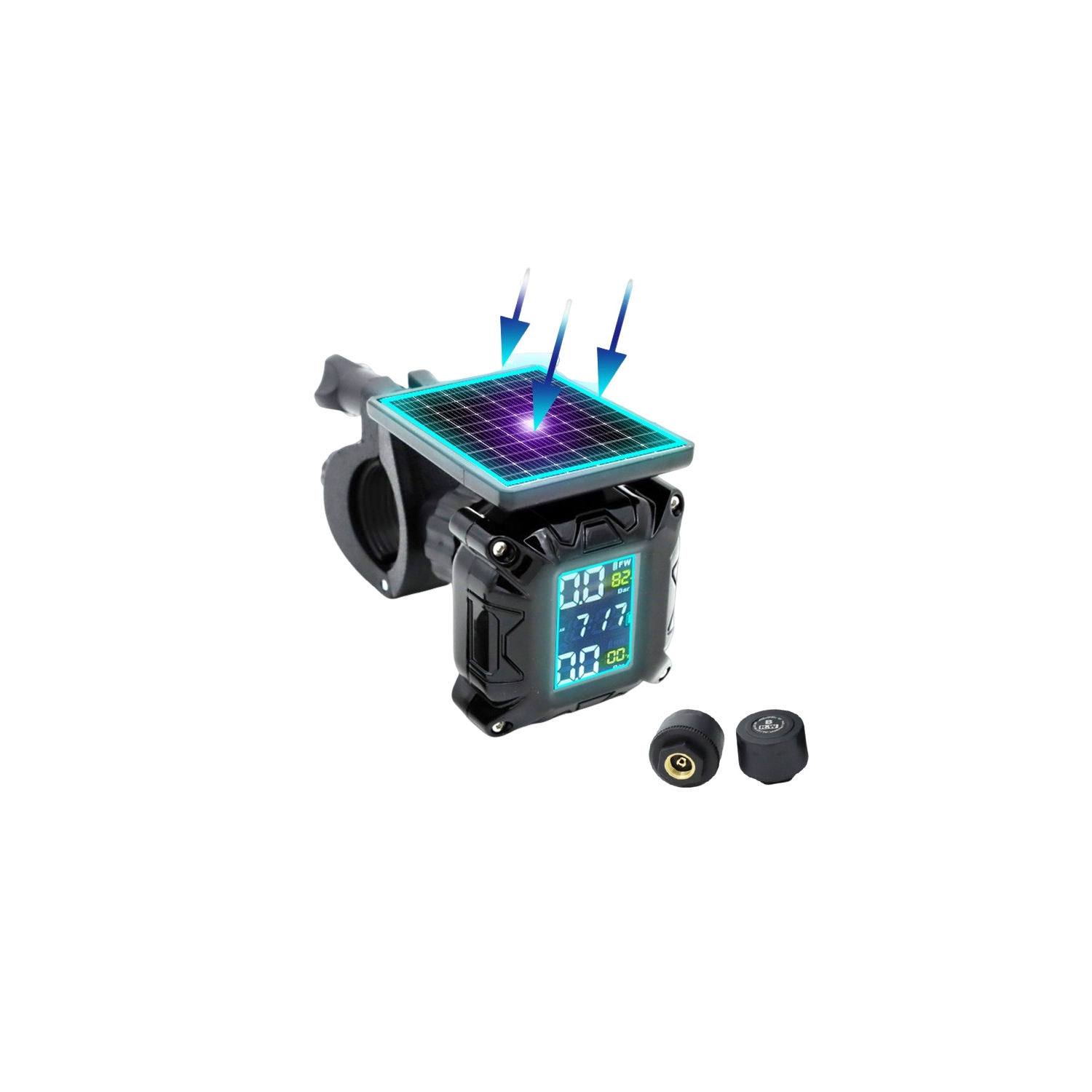 Motorcycle Tire Pressure Monitor, External Sensor, Solar Powered/Three-Color Square Screen/Flash Alarm - Plastic Universal Bracket