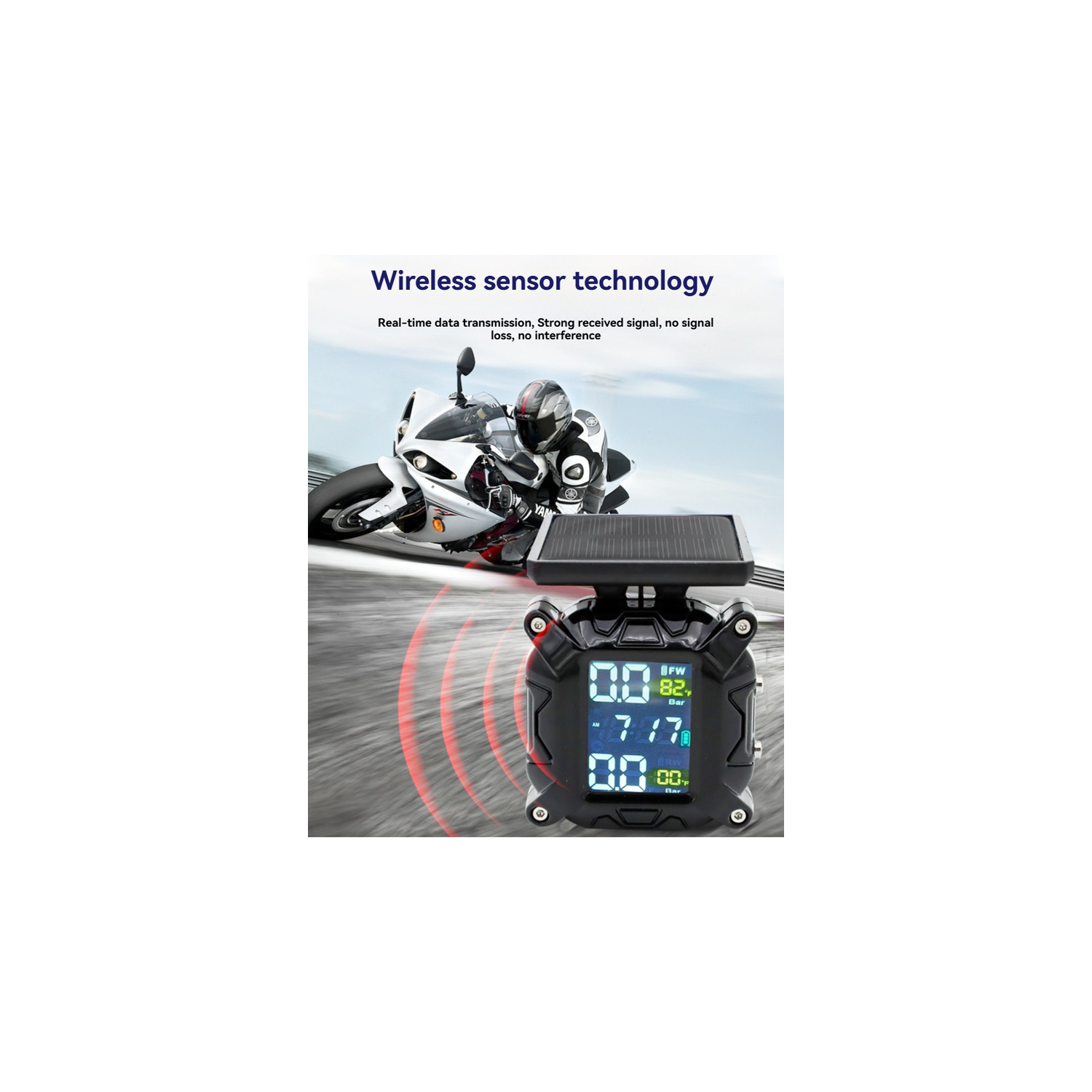 Motorcycle Tire Pressure Monitor, External Sensor, Solar Powered/Three-Color Square Screen/Flash Alarm - Plastic Universal Bracket