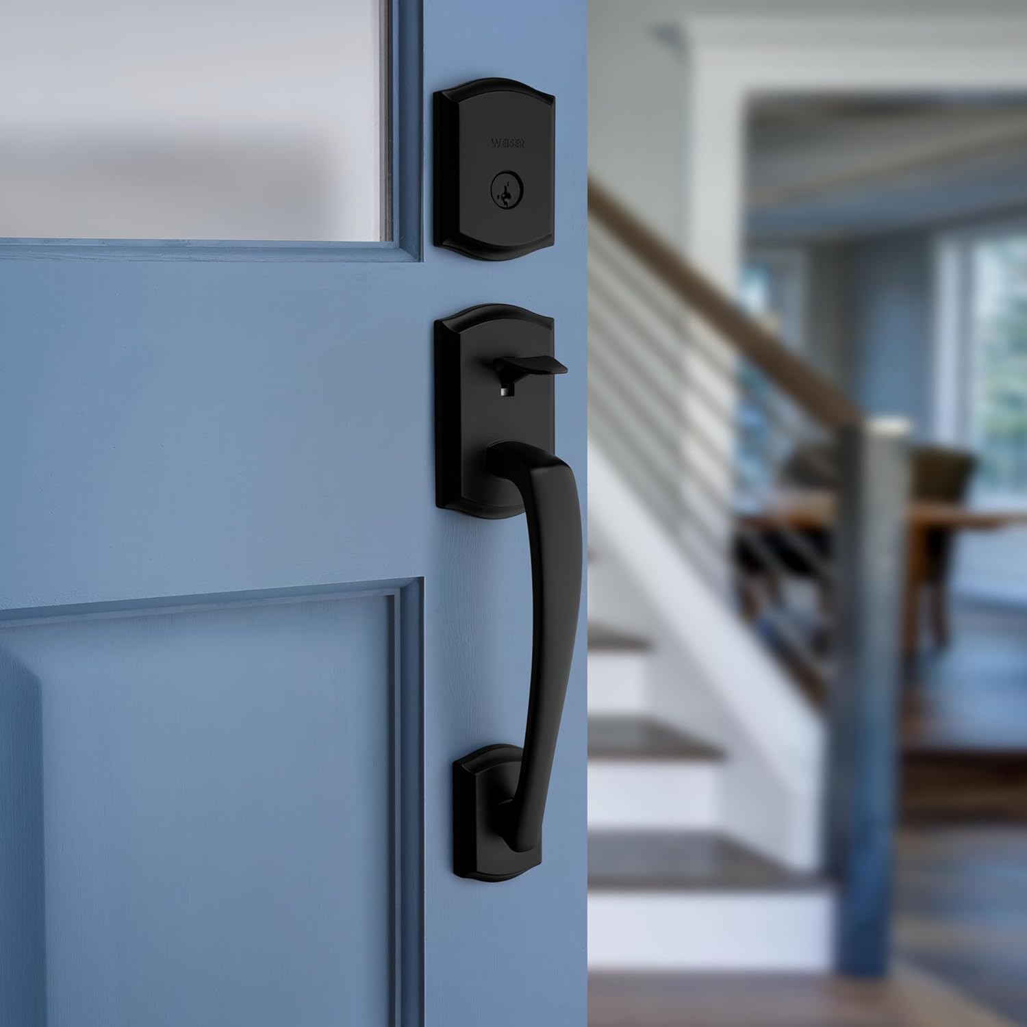 Weiser Matte Black Front Door Lock and Handle Set, Prescott Deadbolt Lock and Handleset