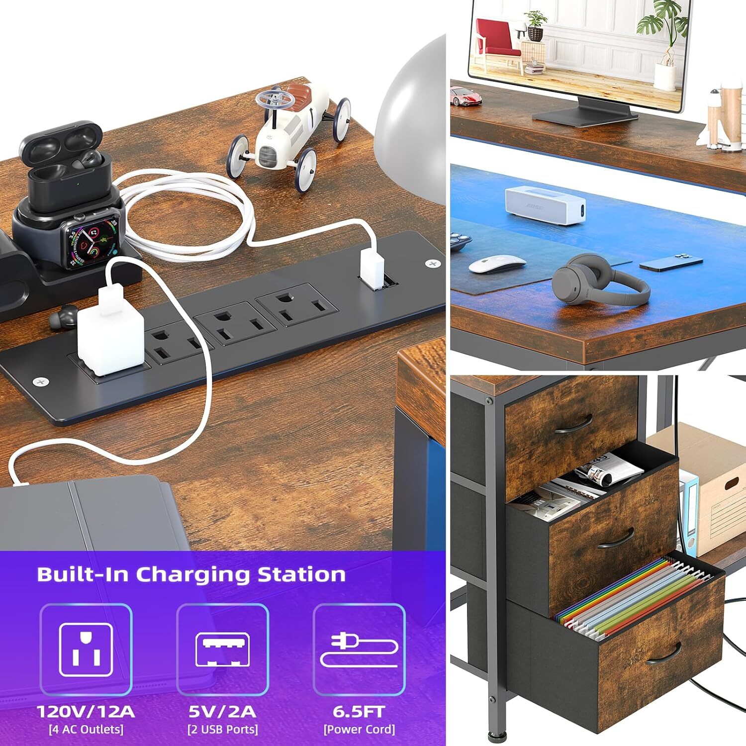 Bureau d'ordinateur de jeu en L avec prises d'alimentation, tablettes de rangement et lumières DEL, brun