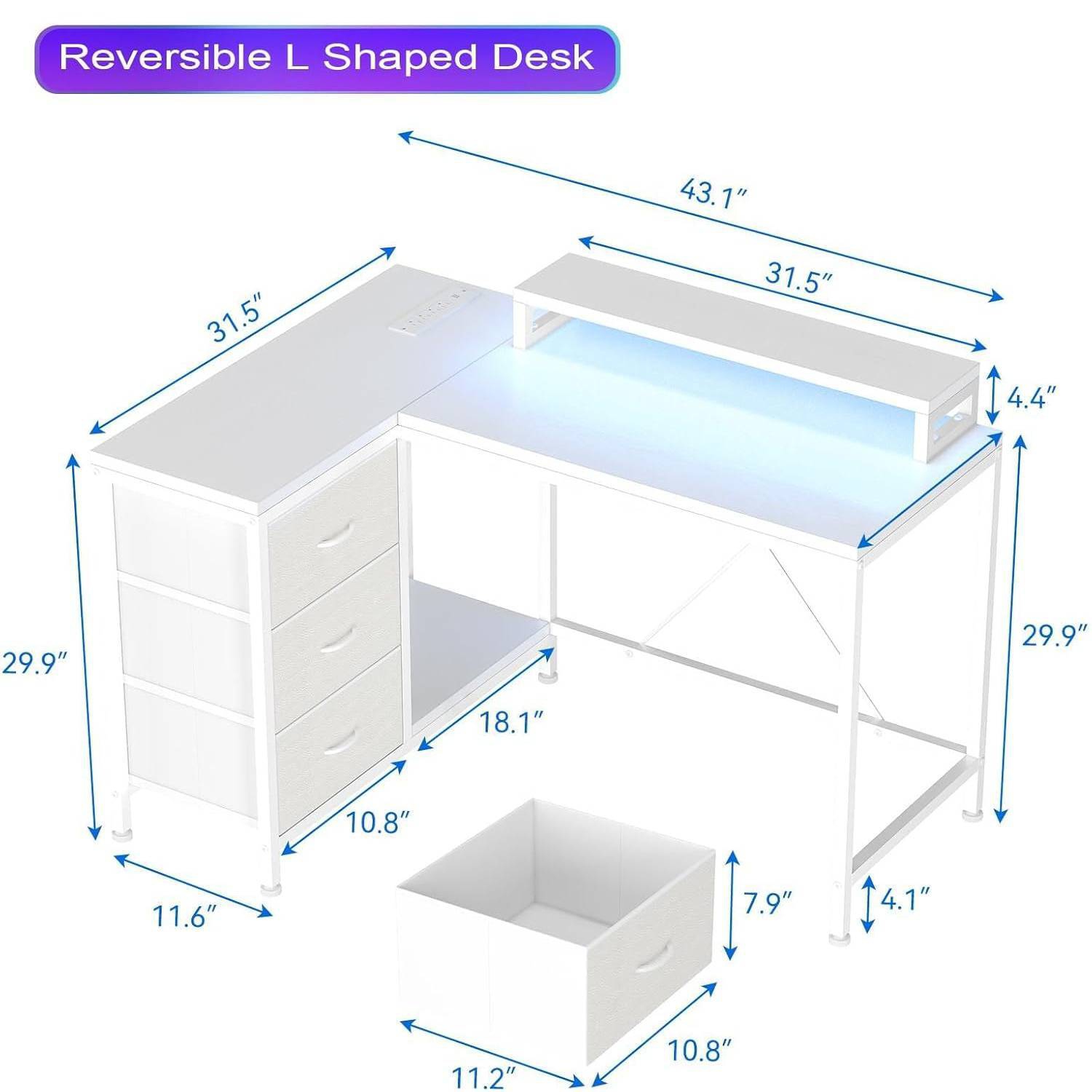 L Shaped Computer Gaming Desk with Power Outlets, Storage Shelves and Led Lights, Pink