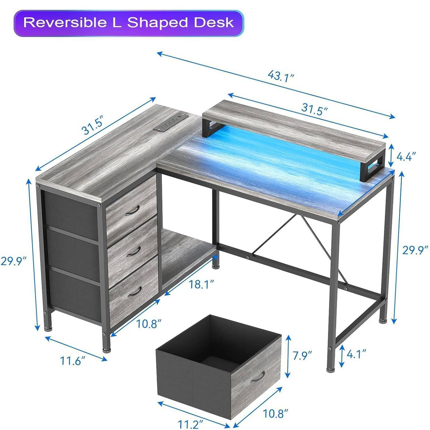 Bureau d'ordinateur de jeu en L avec prises d'alimentation, tablettes de rangement et lumières à DEL, gris