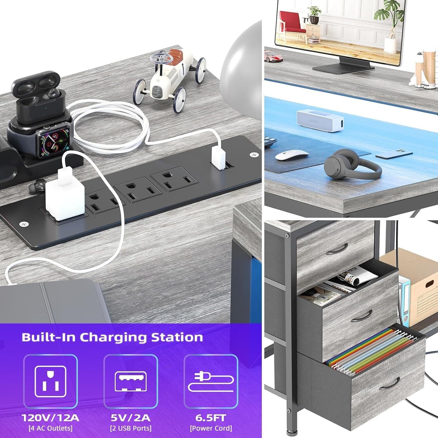 Bureau d'ordinateur de jeu en L avec prises d'alimentation, tablettes de rangement et lumières à DEL, gris