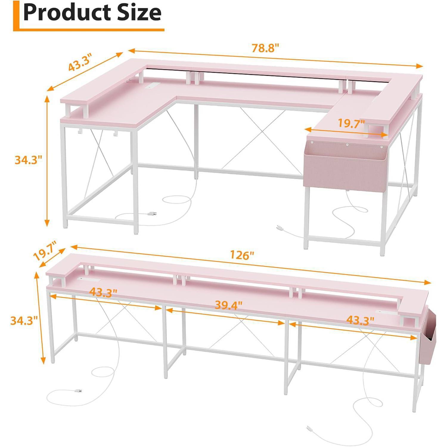 Bureau de jeu en U avec prises d'alimentation, lampes LED, support pour moniteur et tablettes de rangement, rose