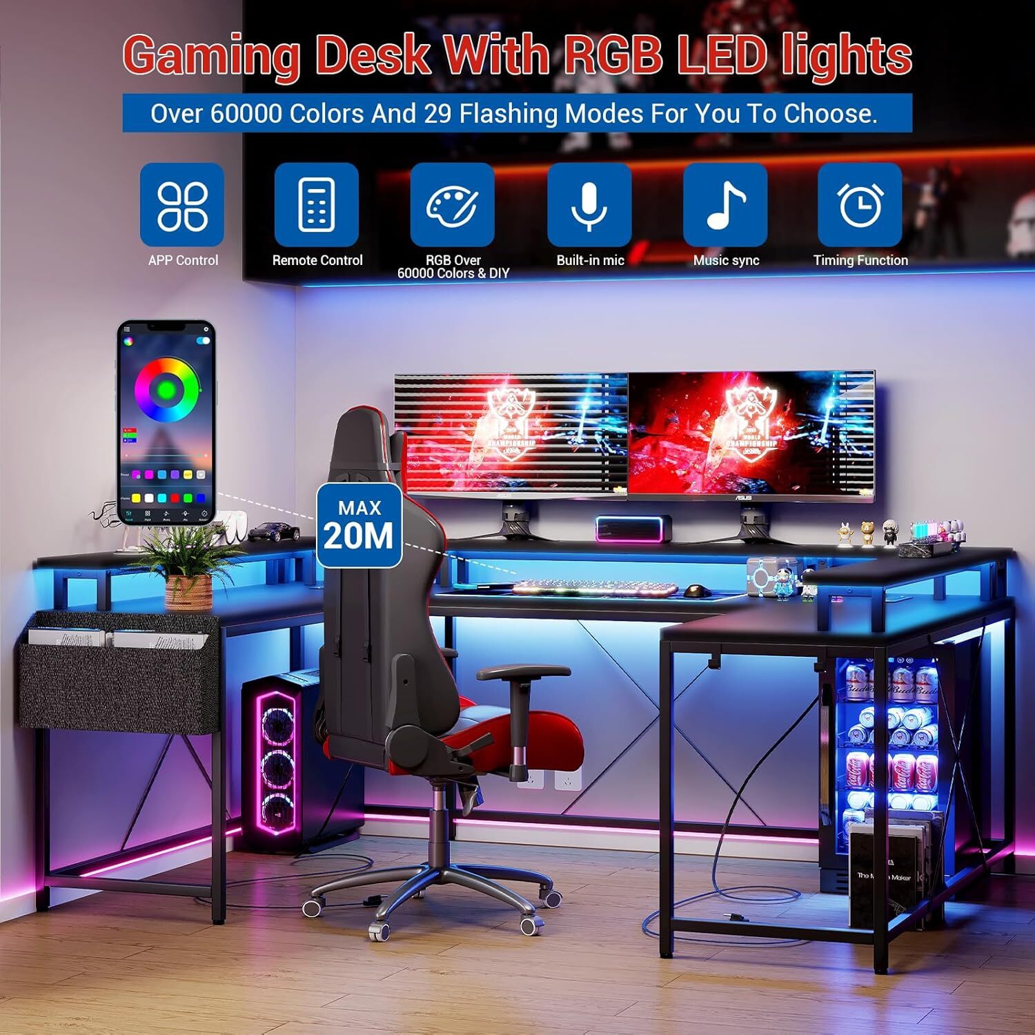 U Shaped Gaming Desk with Power Outlets, LED Lights, Monitor Stand & Storage Shelves, Black