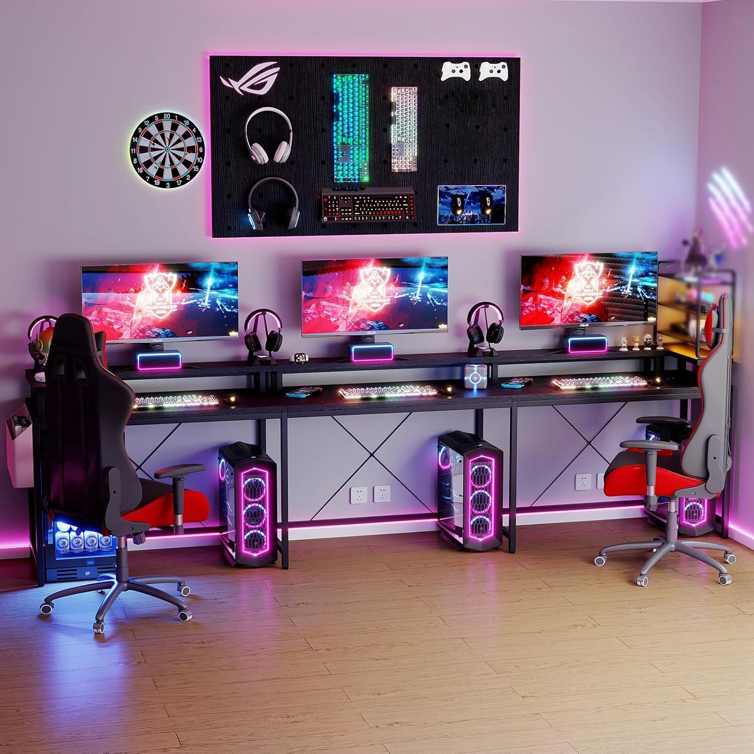 U Shaped Gaming Desk with Power Outlets, LED Lights, Monitor Stand & Storage Shelves, Black