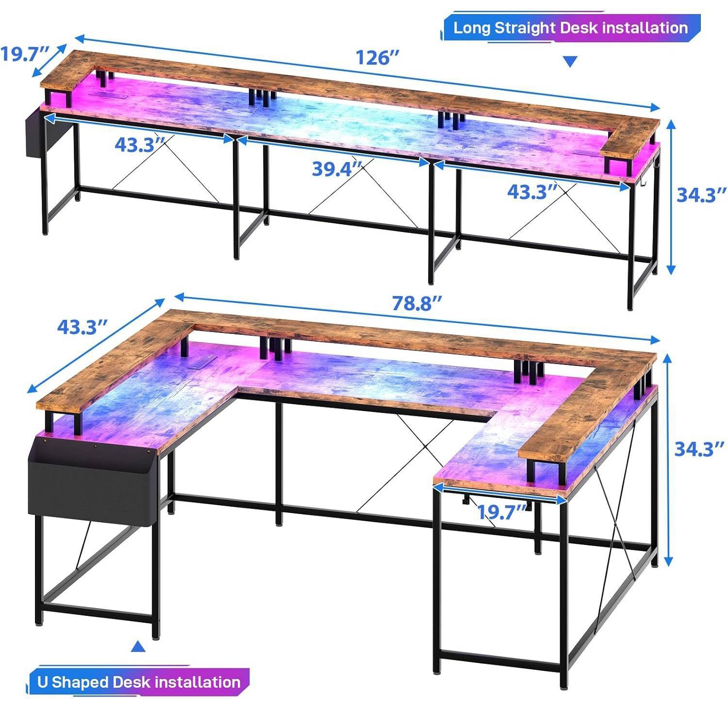 U Shaped Gaming Desk with Power Outlets, LED Lights, Monitor Stand & Storage Shelves, Brown
