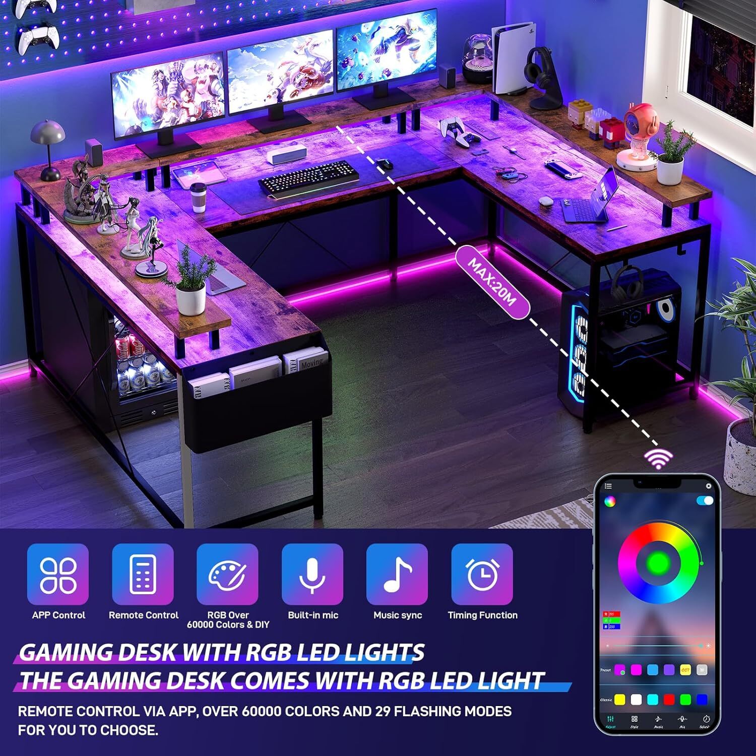 U Shaped Gaming Desk with Power Outlets, LED Lights, Monitor Stand & Storage Shelves, Brown