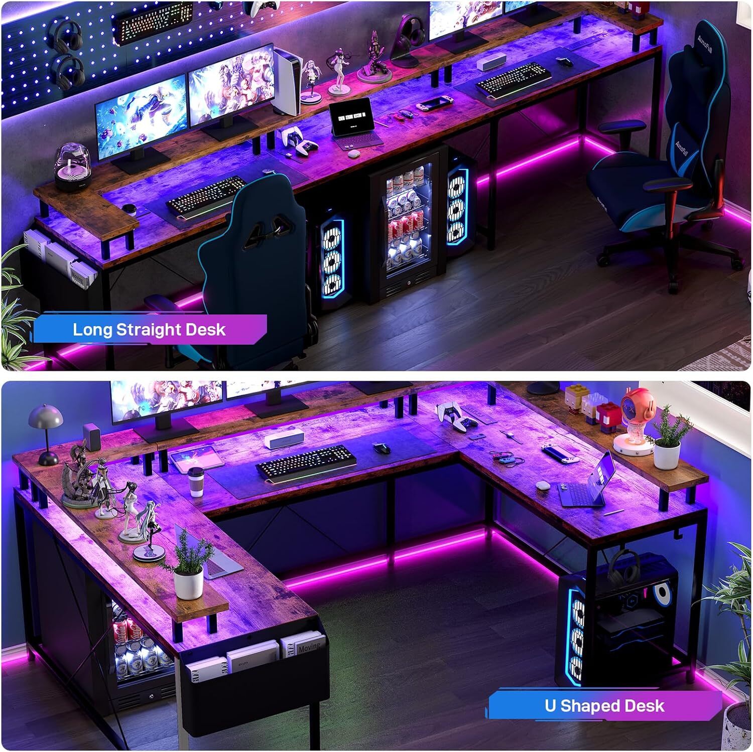 U Shaped Gaming Desk with Power Outlets, LED Lights, Monitor Stand & Storage Shelves, Brown