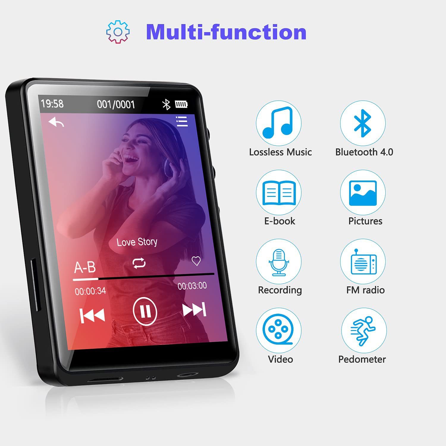 2.8-inch Bluetooth MP3 Music Player - Supports lossless music, e-book reading, FM radio, recording, and image browsing. Portable Mini player with Clip