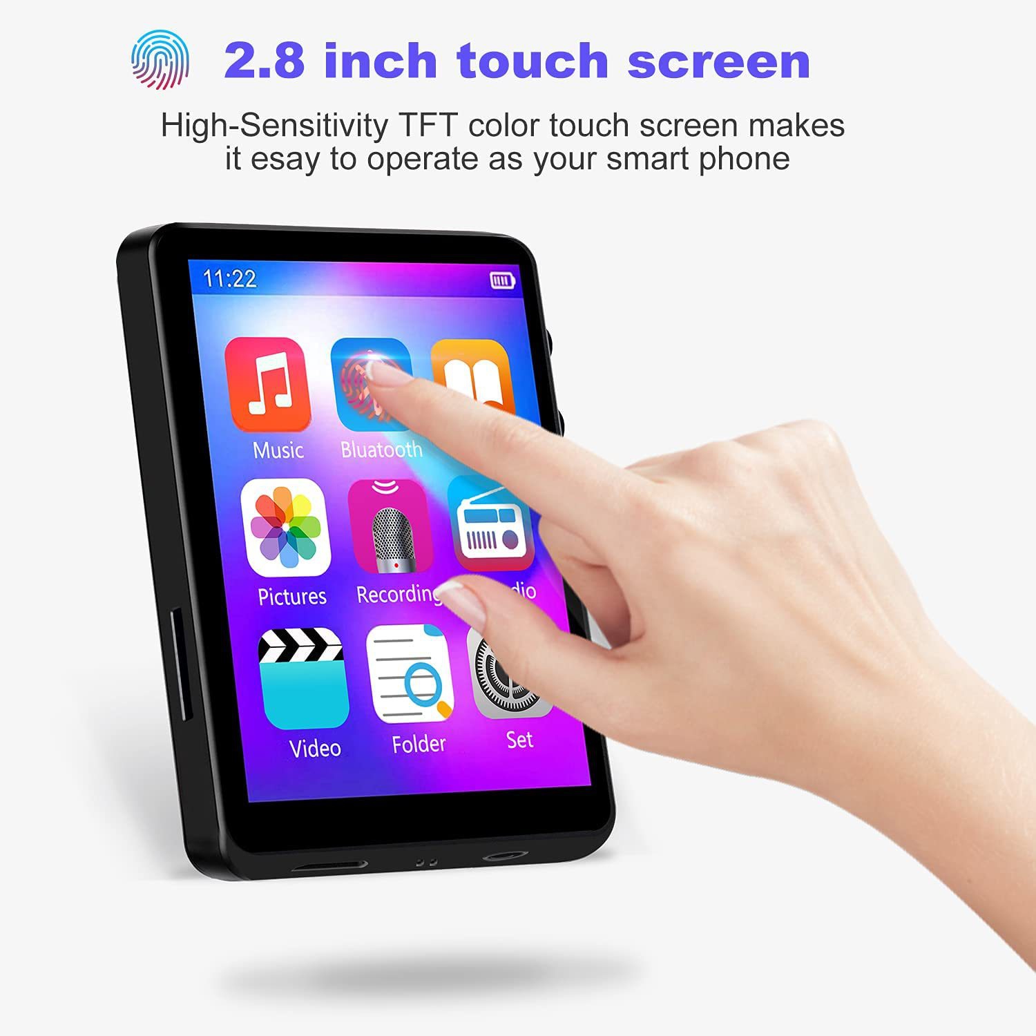 2.8-inch Bluetooth MP3 Music Player - Supports lossless music, e-book reading, FM radio, recording, and image browsing. Portable Mini player with Clip