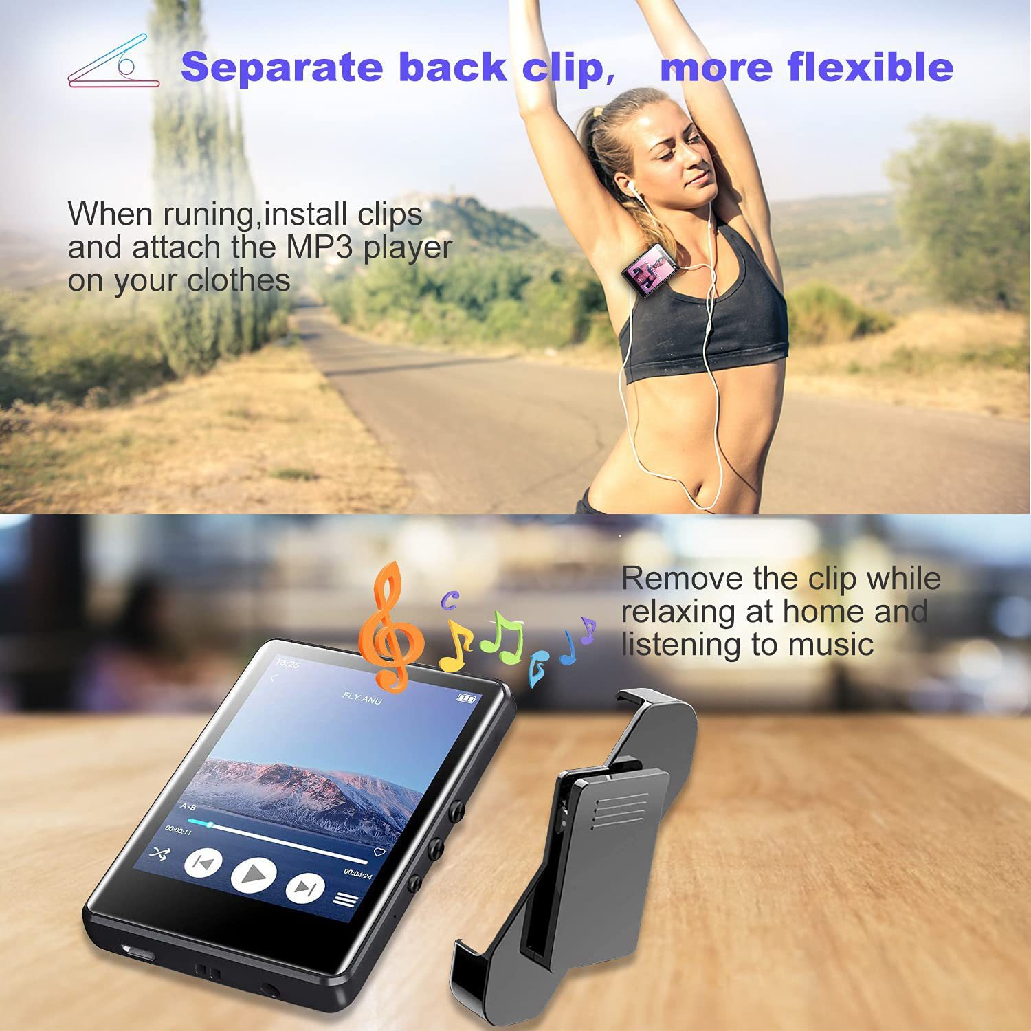 2.8-inch Bluetooth MP3 Music Player - Supports lossless music, e-book reading, FM radio, recording, and image browsing. Portable Mini player with Clip