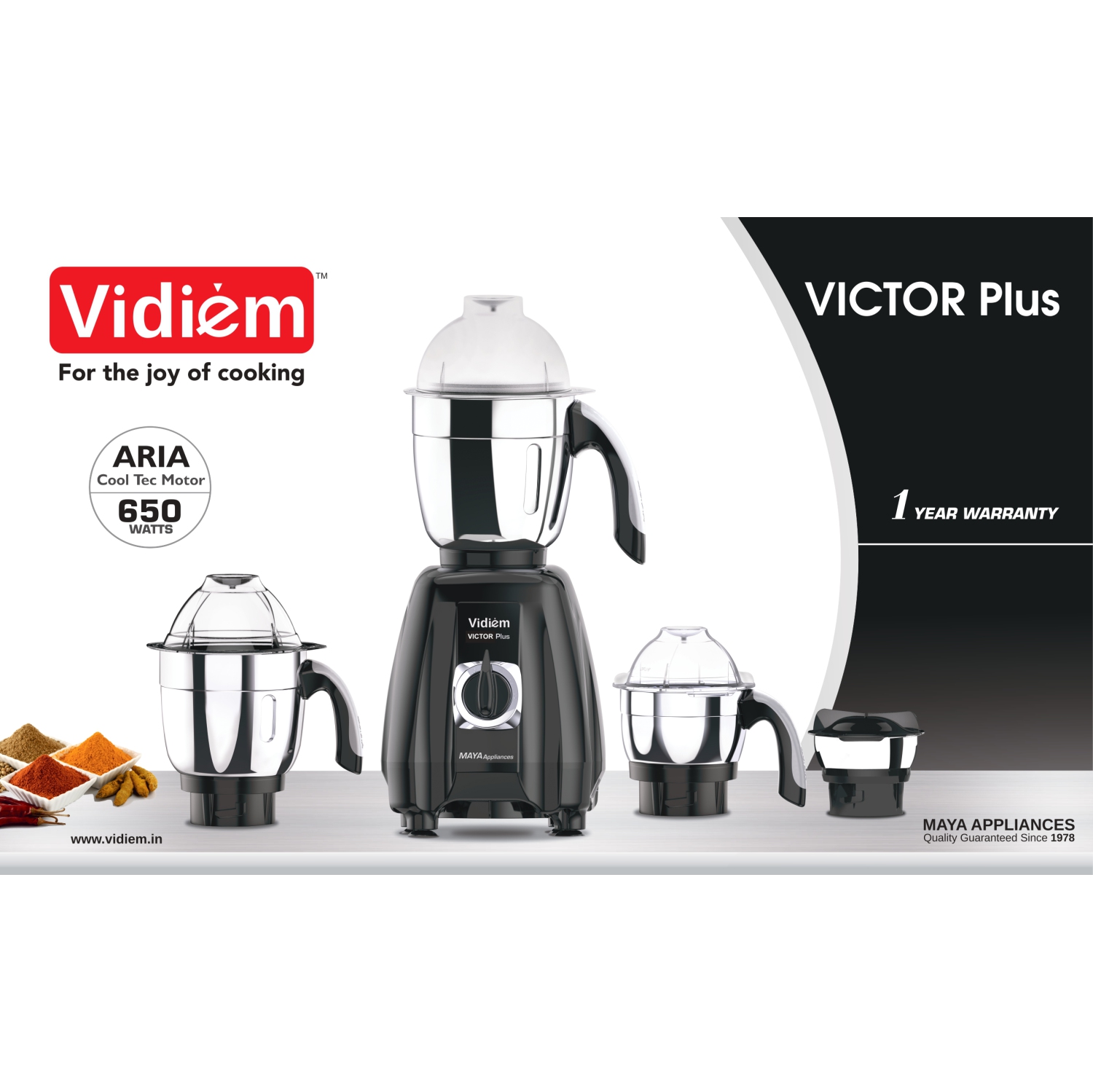 Vidiem Victor Plus Mixer Grinder 110V – 650W UL Certified Motor – 4 Stainless Steel Jars – For Canada & USA – Durable ABS Body, Self-Locking Jars –