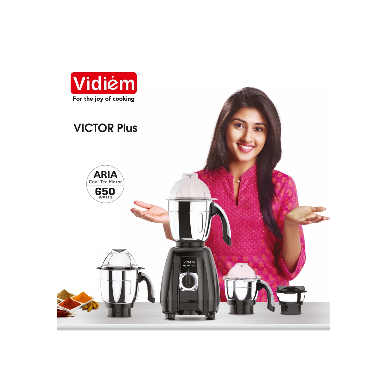 Vidiem Victor Plus Mixer Grinder 110V – 650W UL Certified Motor – 4 Stainless Steel Jars – For Canada & USA – Durable ABS Body, Self-Locking Jars –