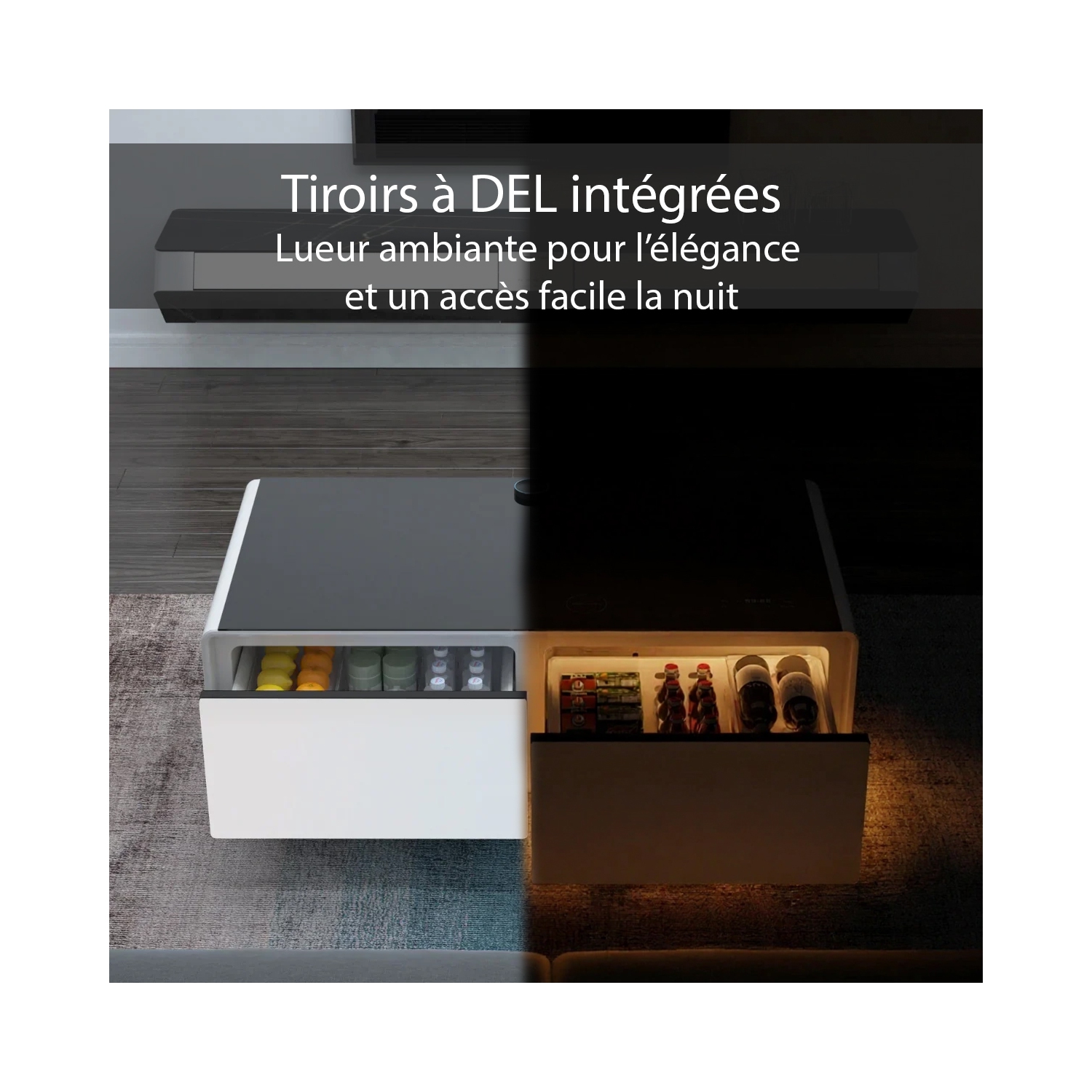 SERA BATHROOM Kendall Smart Coffee Table with Refrigerated Drawers, Bluetooth Speakers, Wireless Charging & LED Touch Control, Wood Color