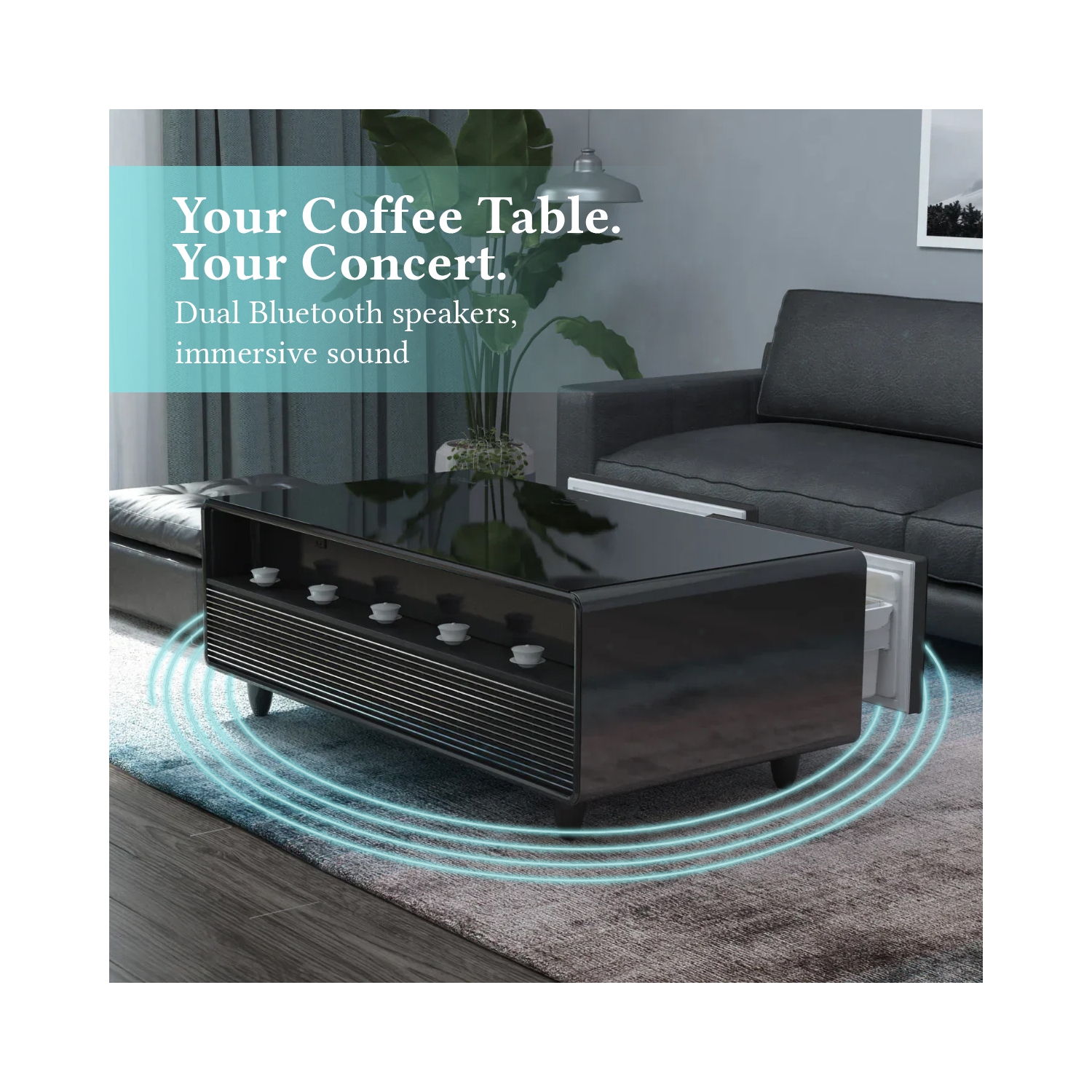 SERA BATHROOM Kendall Smart Coffee Table with Refrigerated Drawers, Bluetooth Speakers, Wireless Charging & LED Touch Control, White