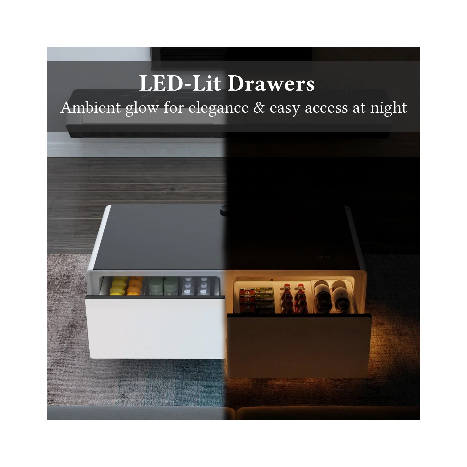 SERA BATHROOM Kendall Smart Coffee Table with Refrigerated Drawers, Bluetooth Speakers, Wireless Charging & LED Touch Control, White