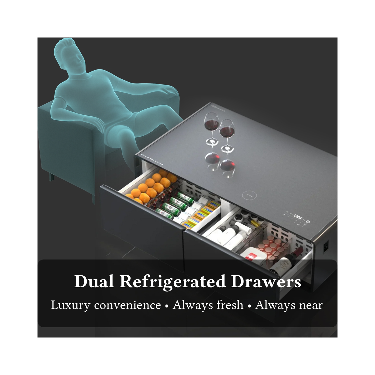 SERA BATHROOM Kendall Smart Coffee Table with Refrigerated Drawers, Bluetooth Speakers, Wireless Charging & LED Touch Control, White