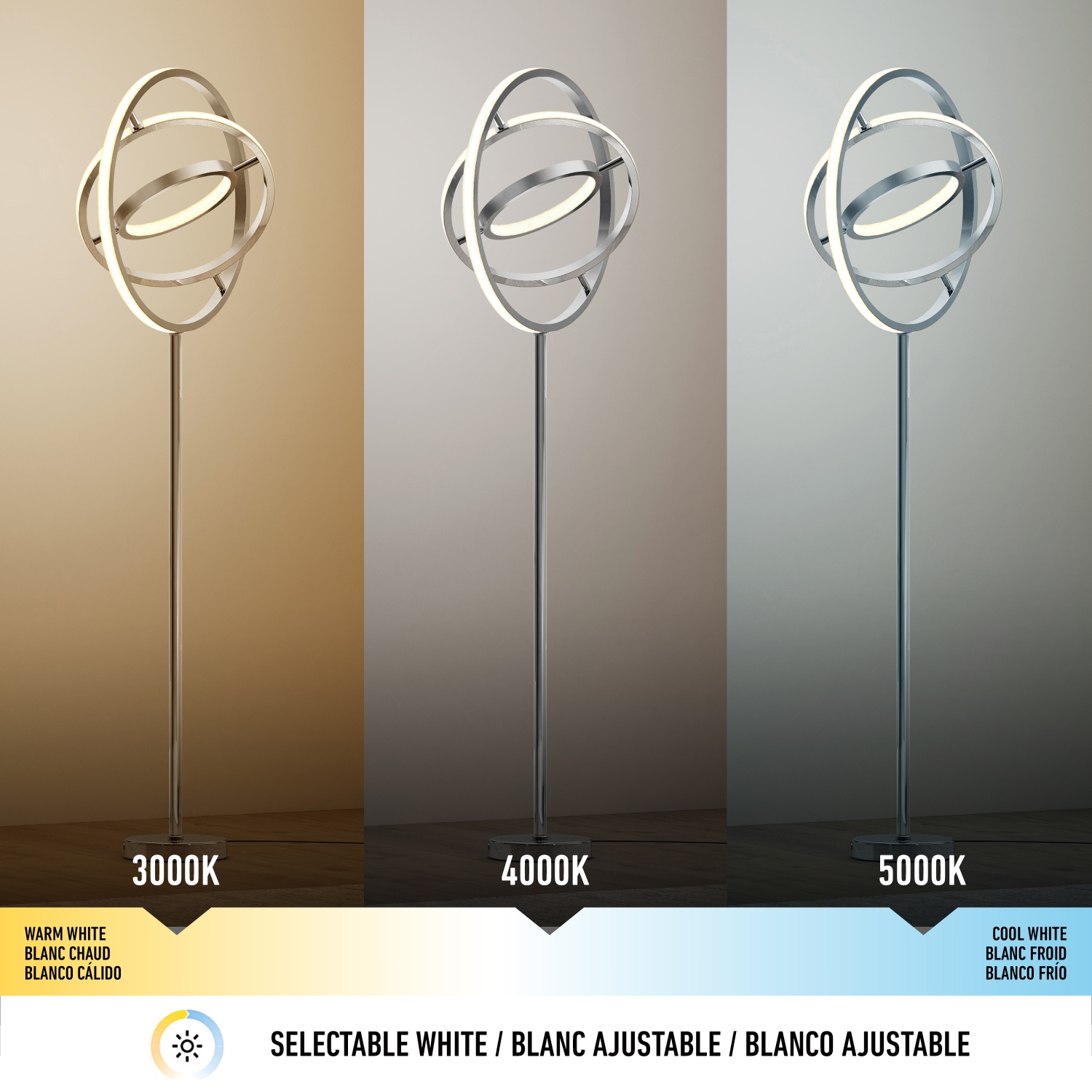 Lampadaire Pivot LED, chrome, 3CCT