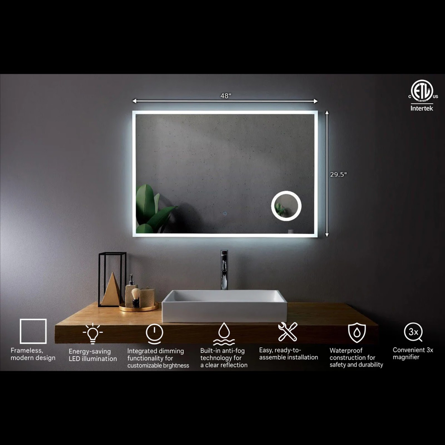 SERA BATHROOM Mirror 48" LED M-1039 with Magnifying Mirror, Anti-fog function - Frosted