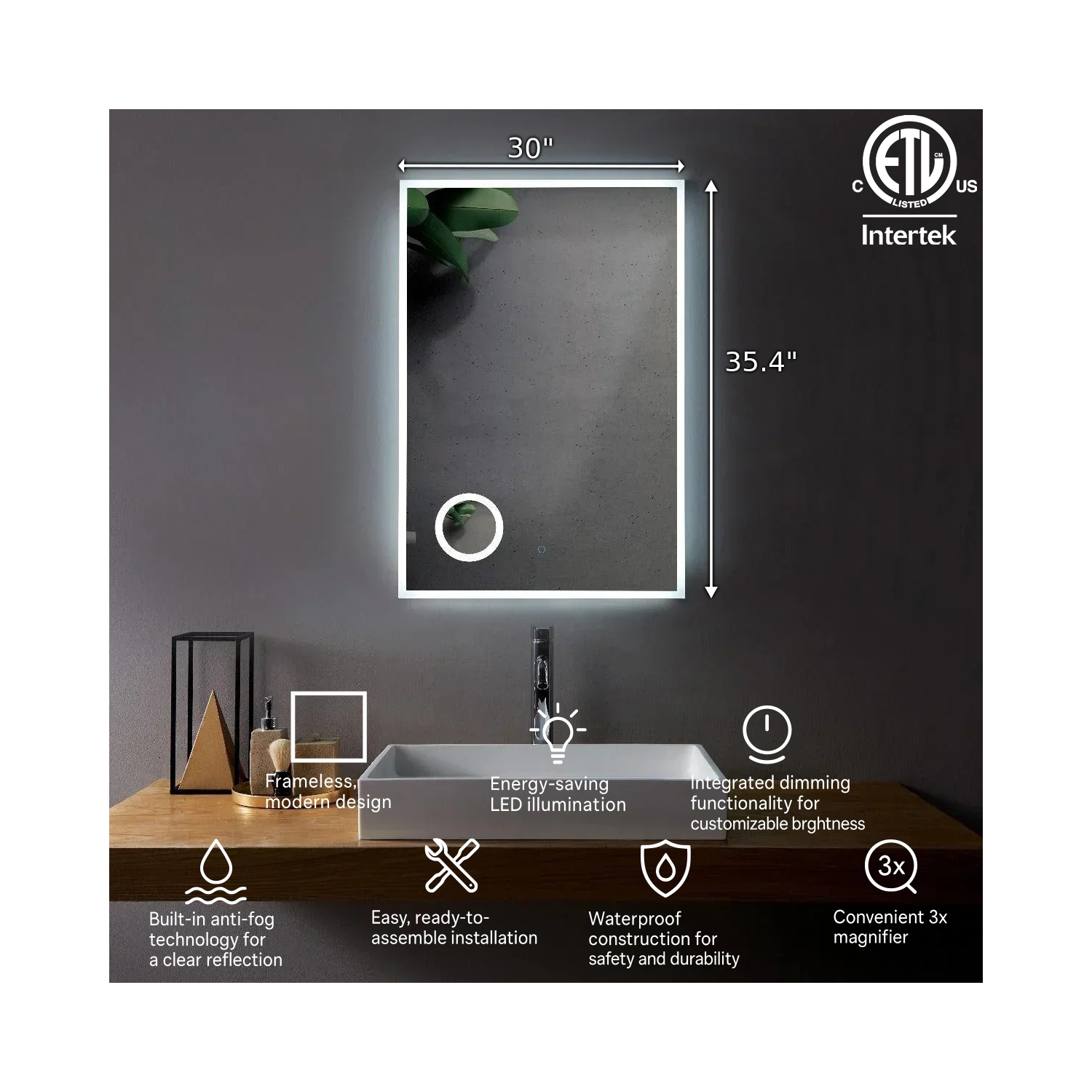 SERA BATHROOM Mirror 30" LED M-1039 with Magnifying Mirror, Anti-fog function - Frosted