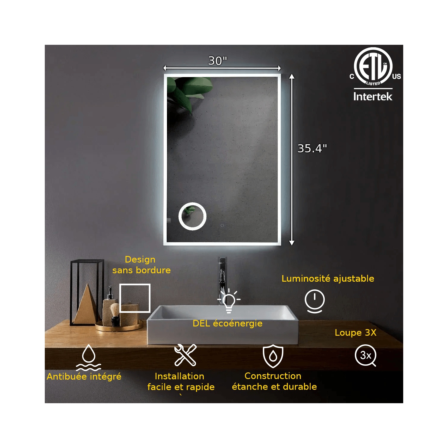 SERA BATHROOM Mirror 30" LED M-1039 with Magnifying Mirror, Anti-fog function - Frosted