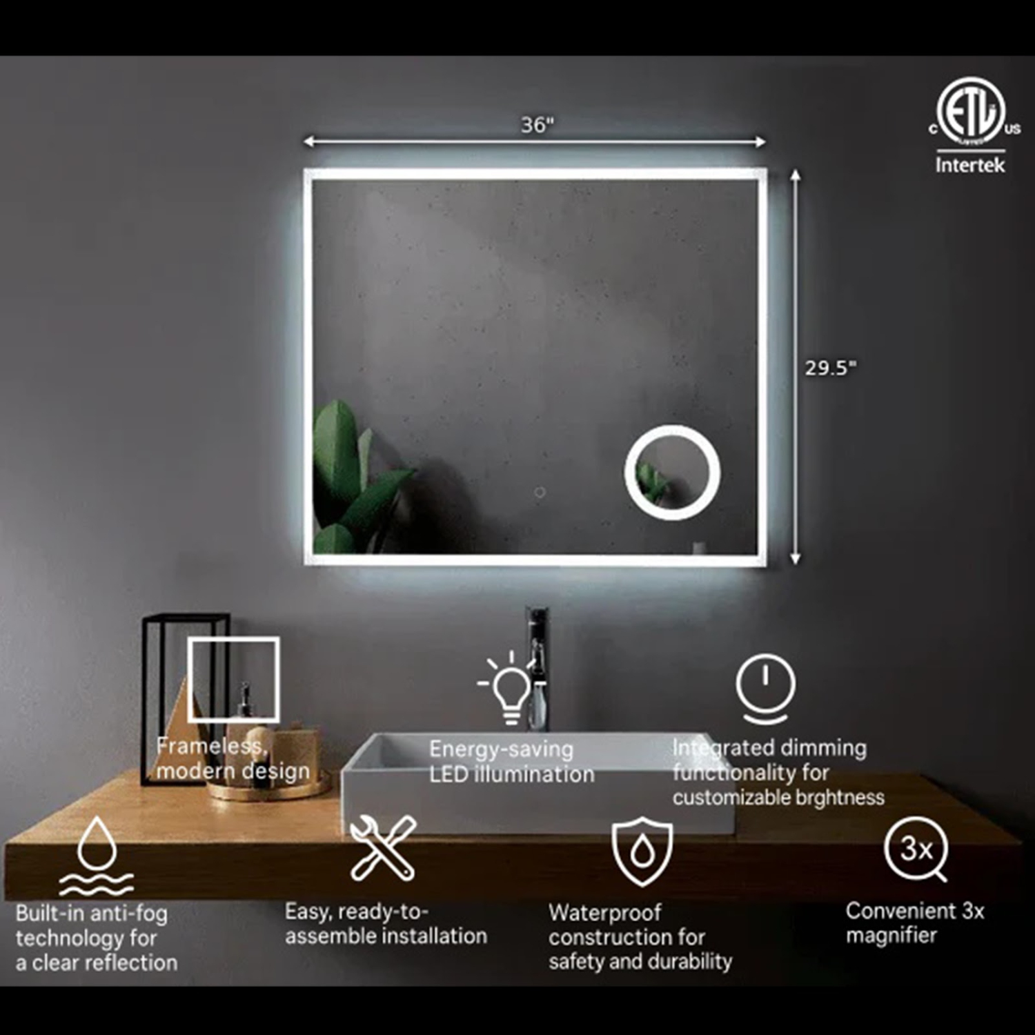 Miroir DE SALLE DE BAIN DE 36 po LED M-1039 avec loupe de la collection SERA - givré