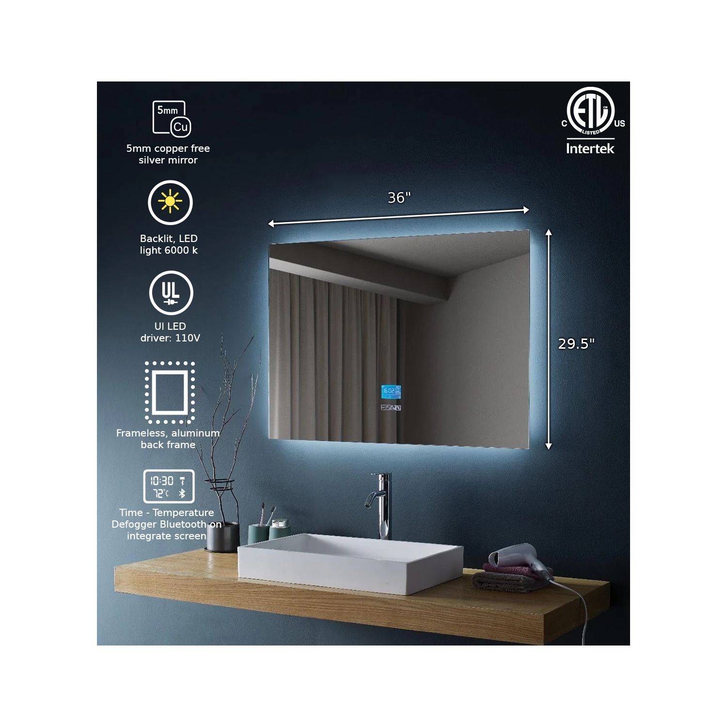 SERA BATHROOM Mirror 36" LED Backlit M-971 with Time, Temperature, Defogger, Bluetooth, Inbuilt-speakers, Integrated screen - Grey