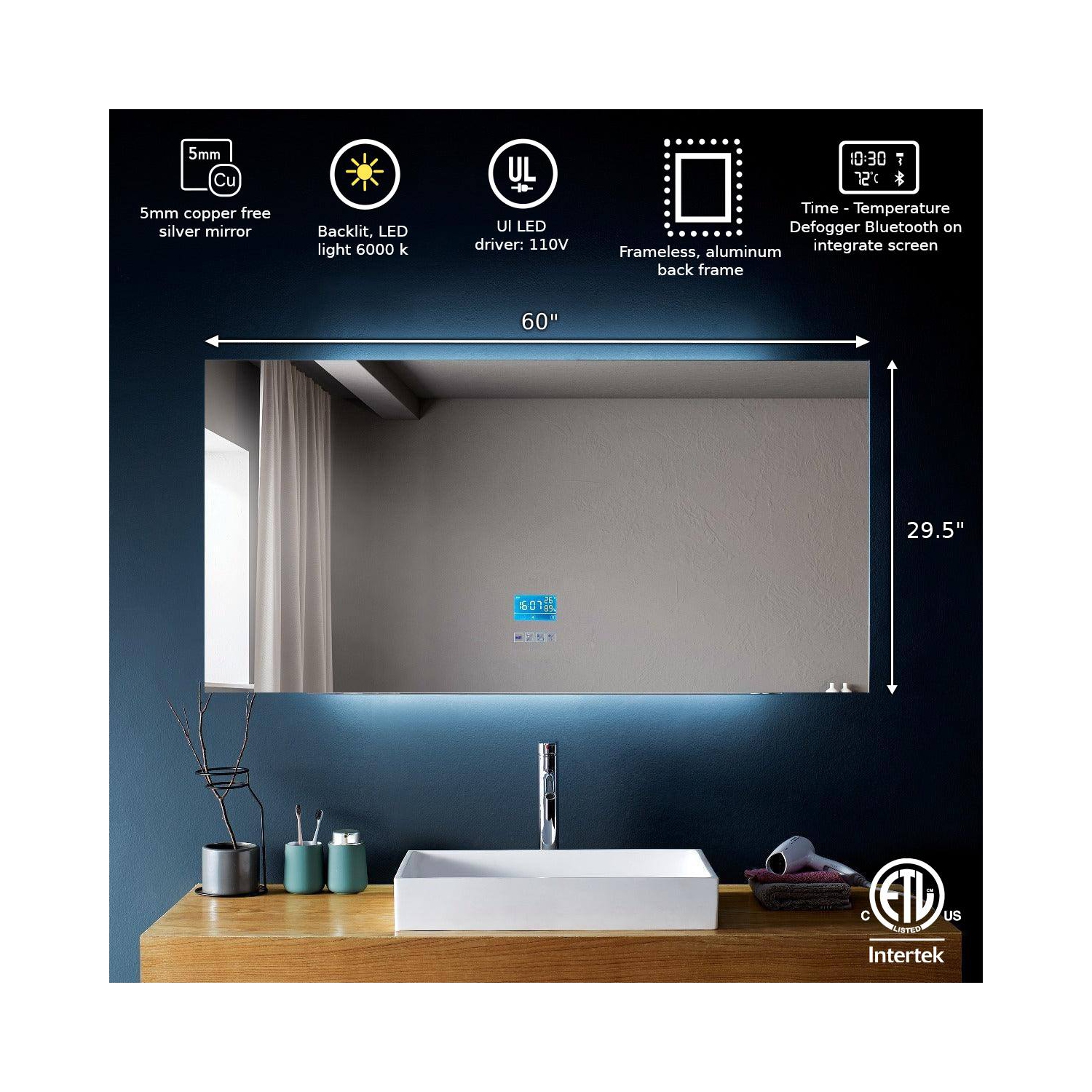 SERA BATHROOM Mirror 60" LED backlit M-971 with Time, Temperature, Defogger, Bluetooth, Inbuilt-speakers, Integrated screen - Grey