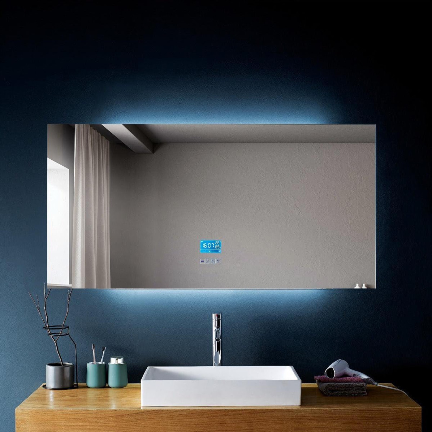 SERA BATHROOM Mirror 60" LED backlit M-971 with Time, Temperature, Defogger, Bluetooth, Inbuilt-speakers, Integrated screen - Grey