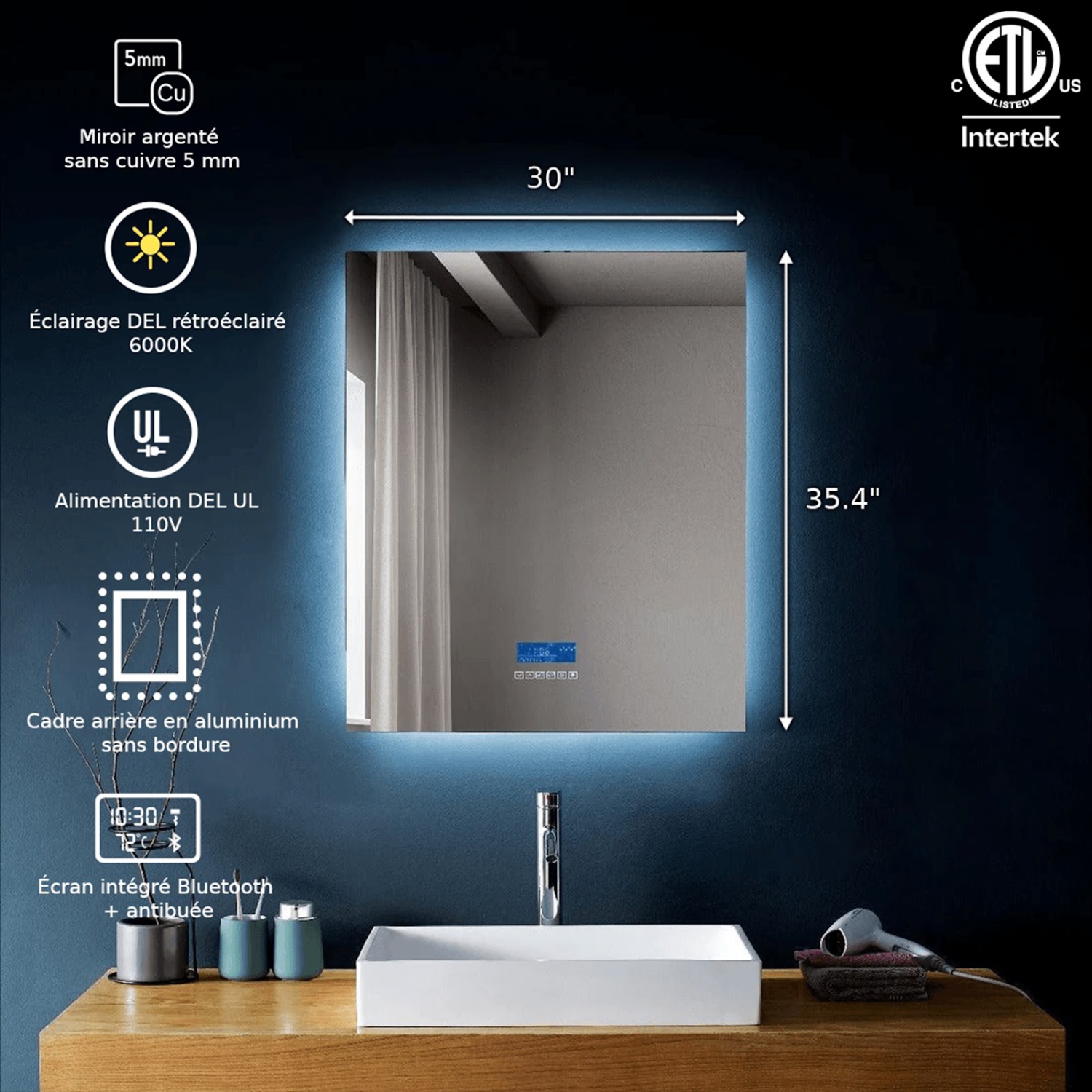 Miroir de SALLE DE BAIN DE 30&nbsp;po LED rétroéclairé M-971 avec temps, température, désembueur, Bluetooth, haut-parleurs intégrés, Écran intégré -