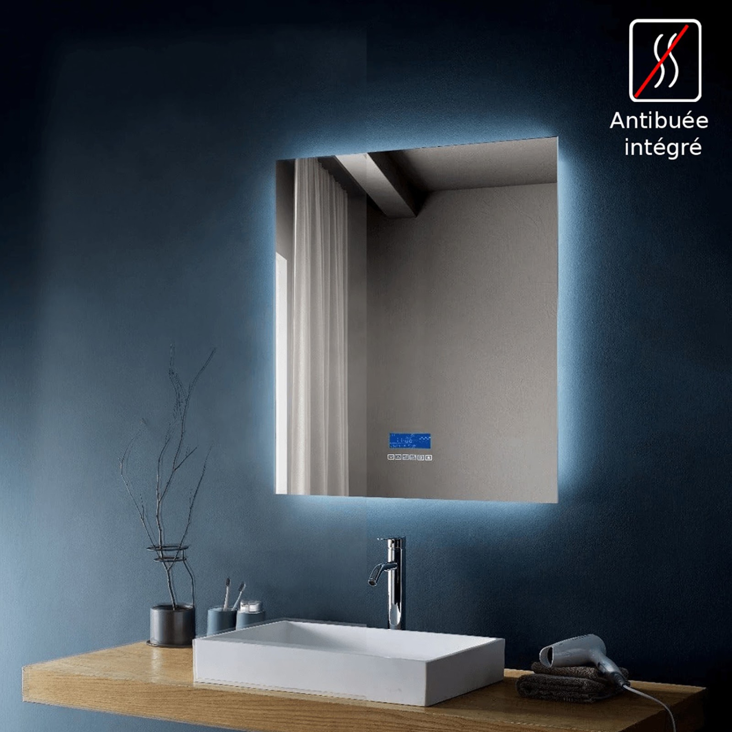 Miroir de SALLE DE BAIN DE 30&nbsp;po LED rétroéclairé M-971 avec temps, température, désembueur, Bluetooth, haut-parleurs intégrés, Écran intégré -