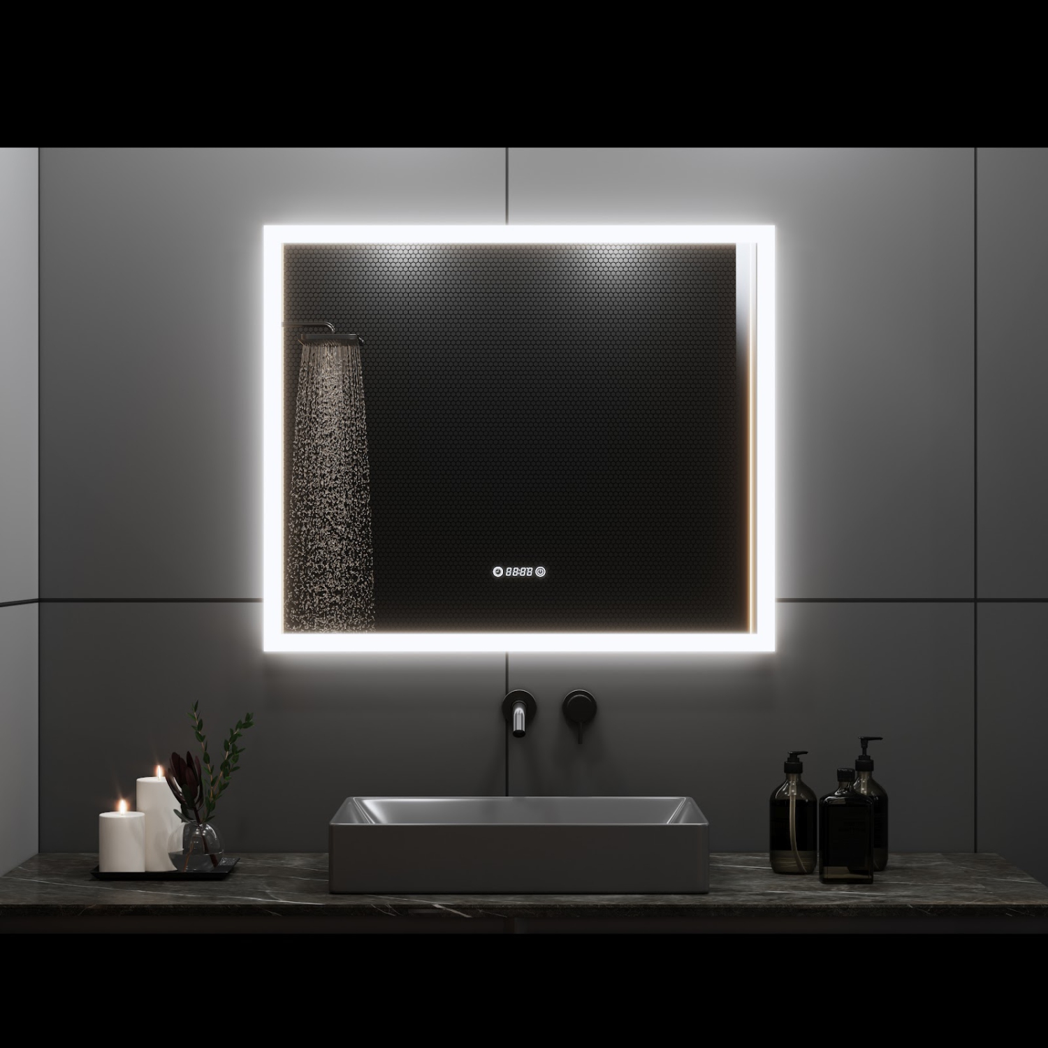 Miroir de SALLE DE BAIN DE 36&nbsp;po LED M-205 6000K blanc froid, temps et température avec antibuée, bord givré