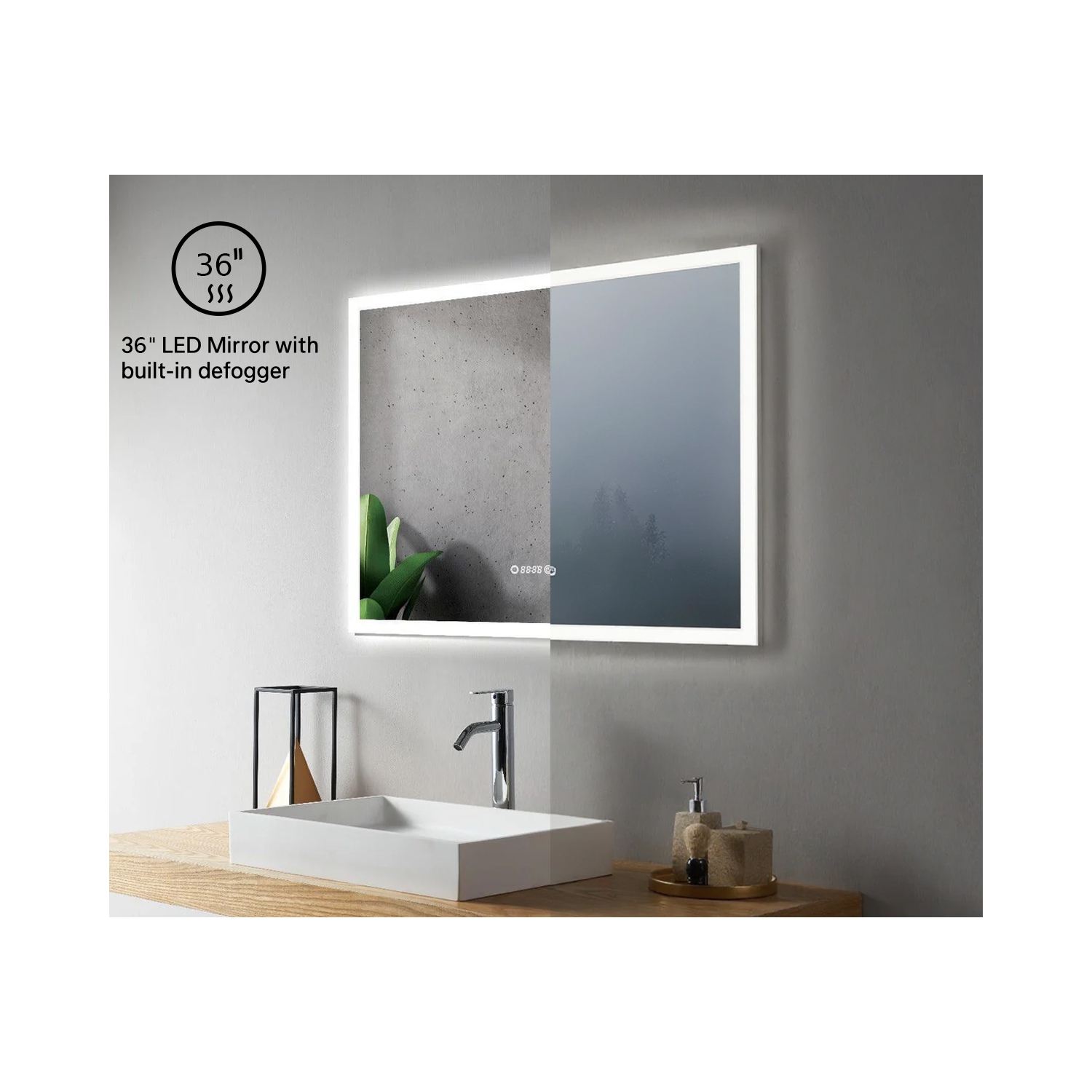 Miroir de SALLE DE BAIN DE 36&nbsp;po LED M-205 6000K blanc froid, temps et température avec antibuée, bord givré