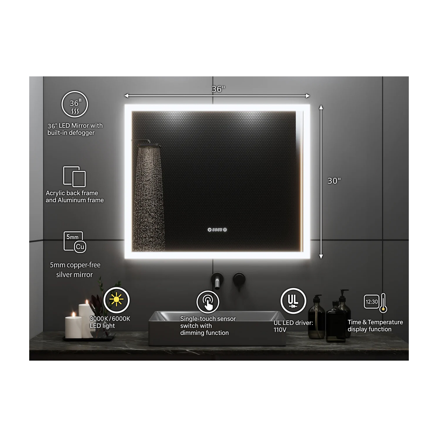 Miroir de SALLE DE BAIN DE 36&nbsp;po LED M-205 6000K blanc froid, temps et température avec antibuée, bord givré