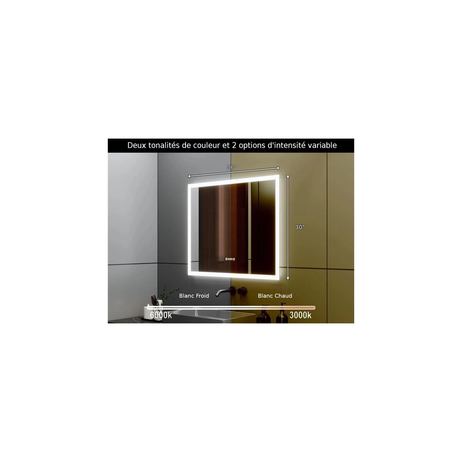 Miroir de SALLE DE BAIN DE 36&nbsp;po LED M-205 6000K blanc froid, temps et température avec antibuée, bord givré